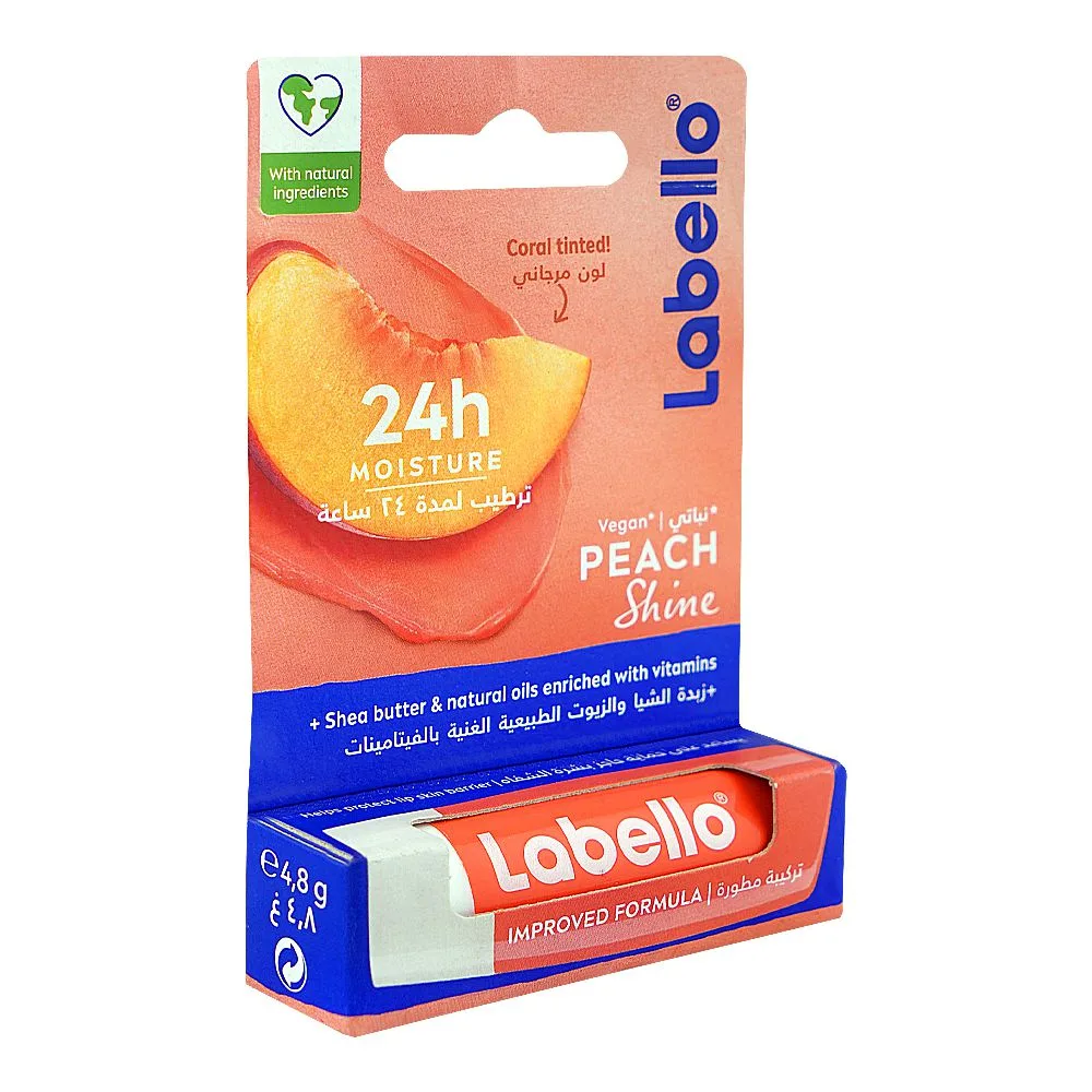 Labello Peach Shine Caring Lip Balm, Shea Butter, Vitamin E, 4.8g