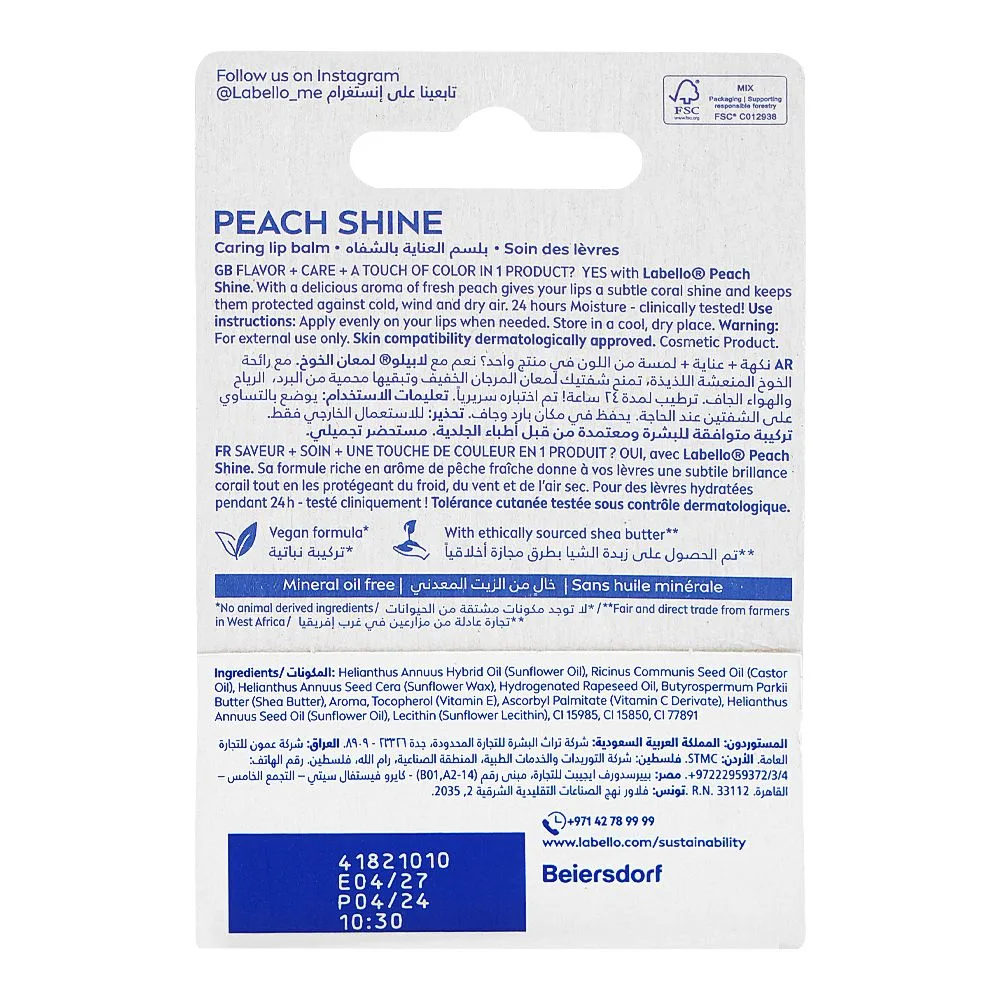 Side view of labello peach shine caring lip balm, shea butter, vitamin e, 4.8g