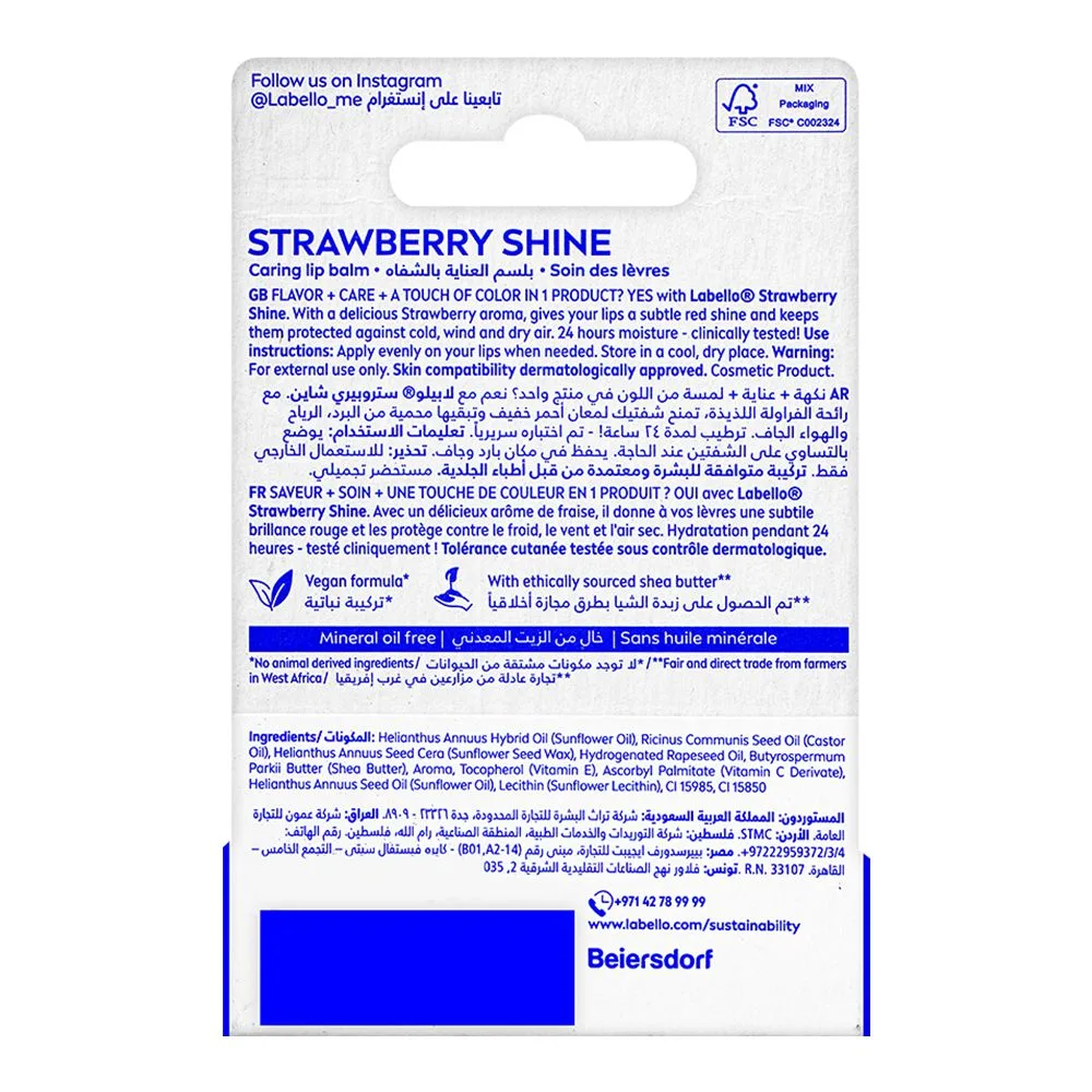 Side view of labello strawberry shine caring lip balm, 4.8g