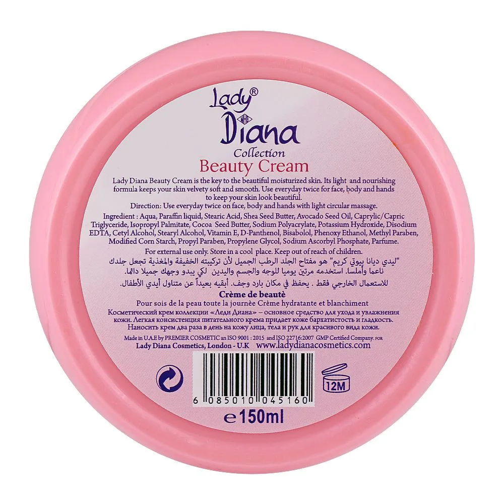 Side view of lady diana beauty cream, vitamin e, shea butter, for moisturizing & skin whitening, 150ml