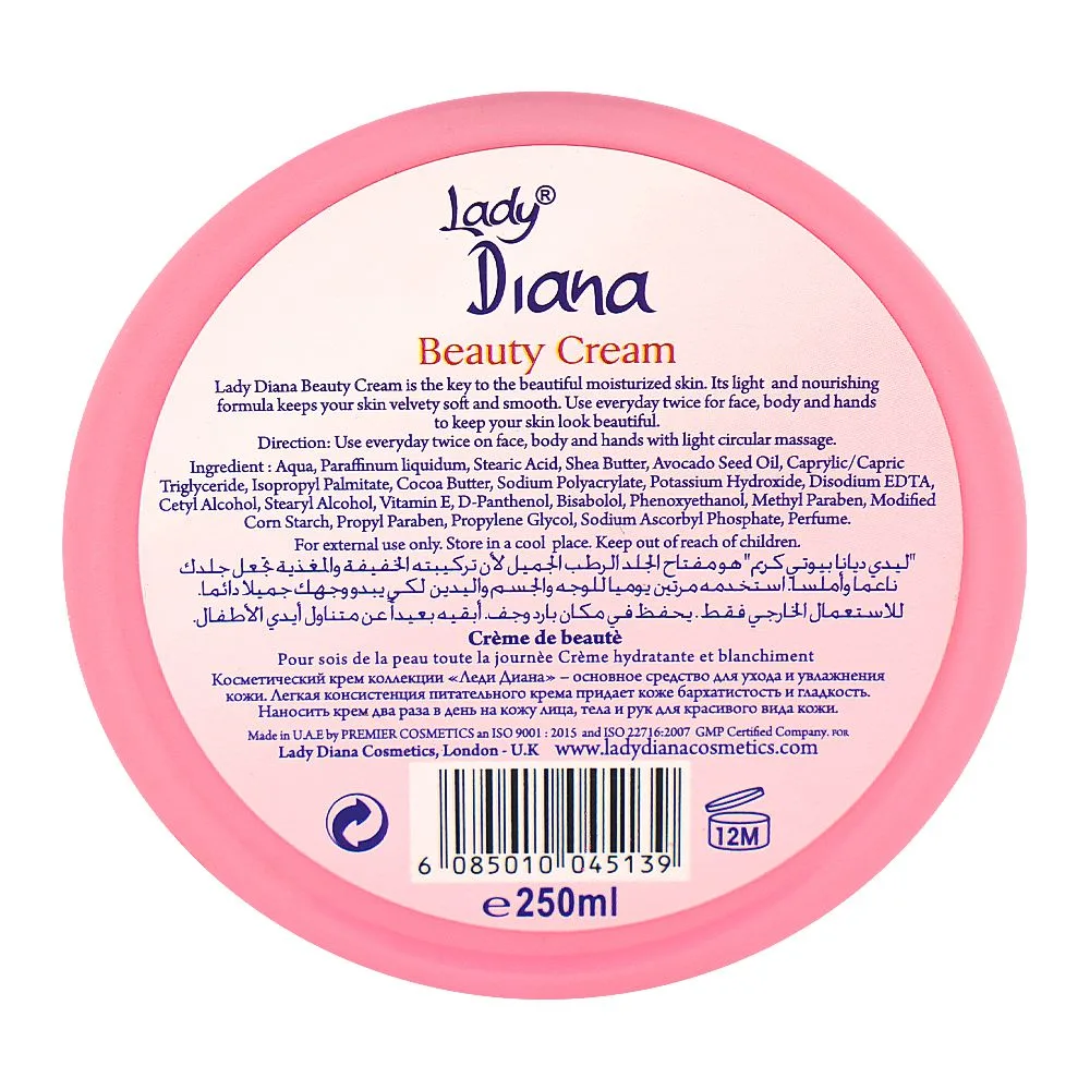 Side view of lady diana beauty cream, vitamin e, shea butter, for moisturizing & skin whitening, 250ml
