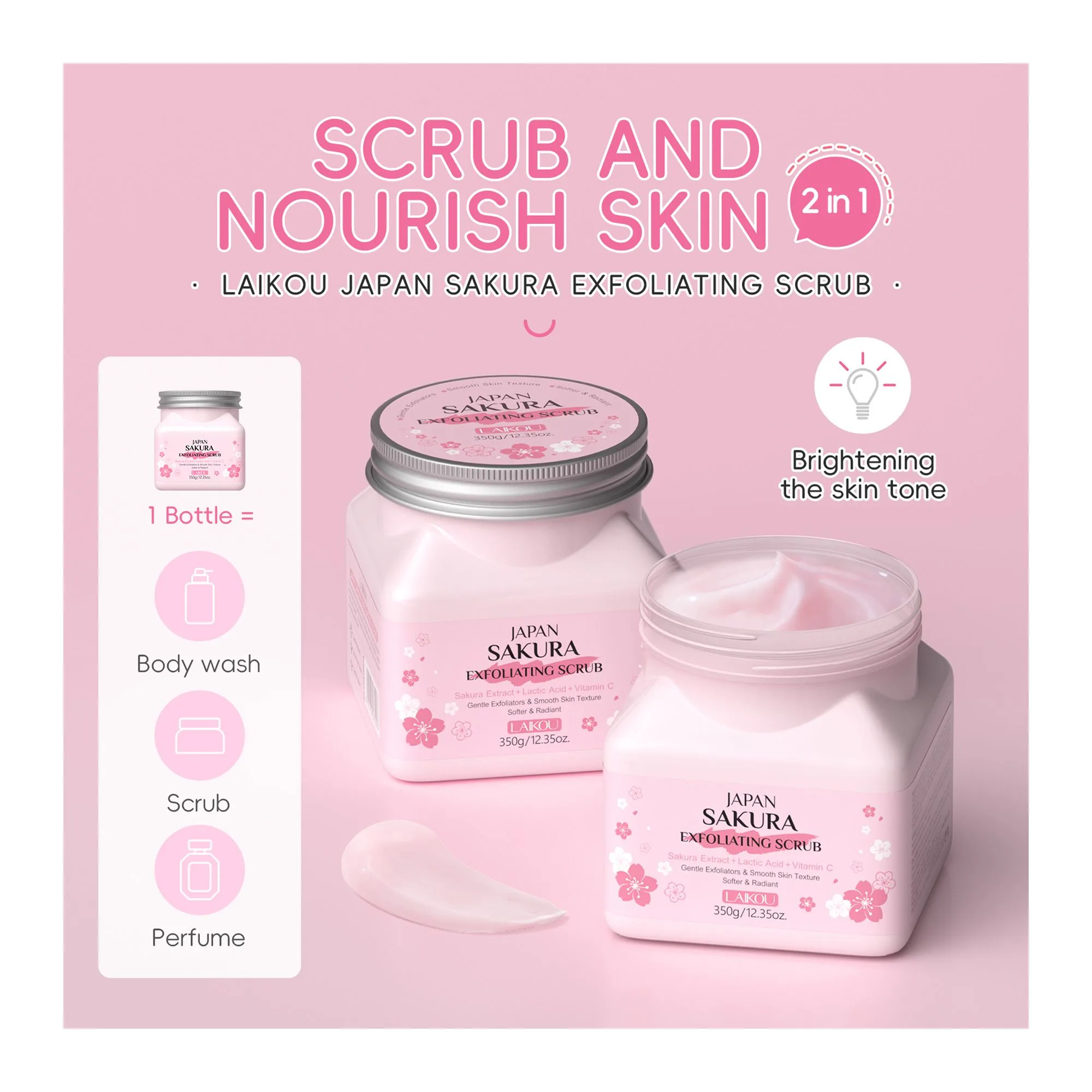 Side view of laikou japan 2-in-1 sakura exfoliating scrub, lactic acid + vitamin c, for radiant skin 350g, lk81997a