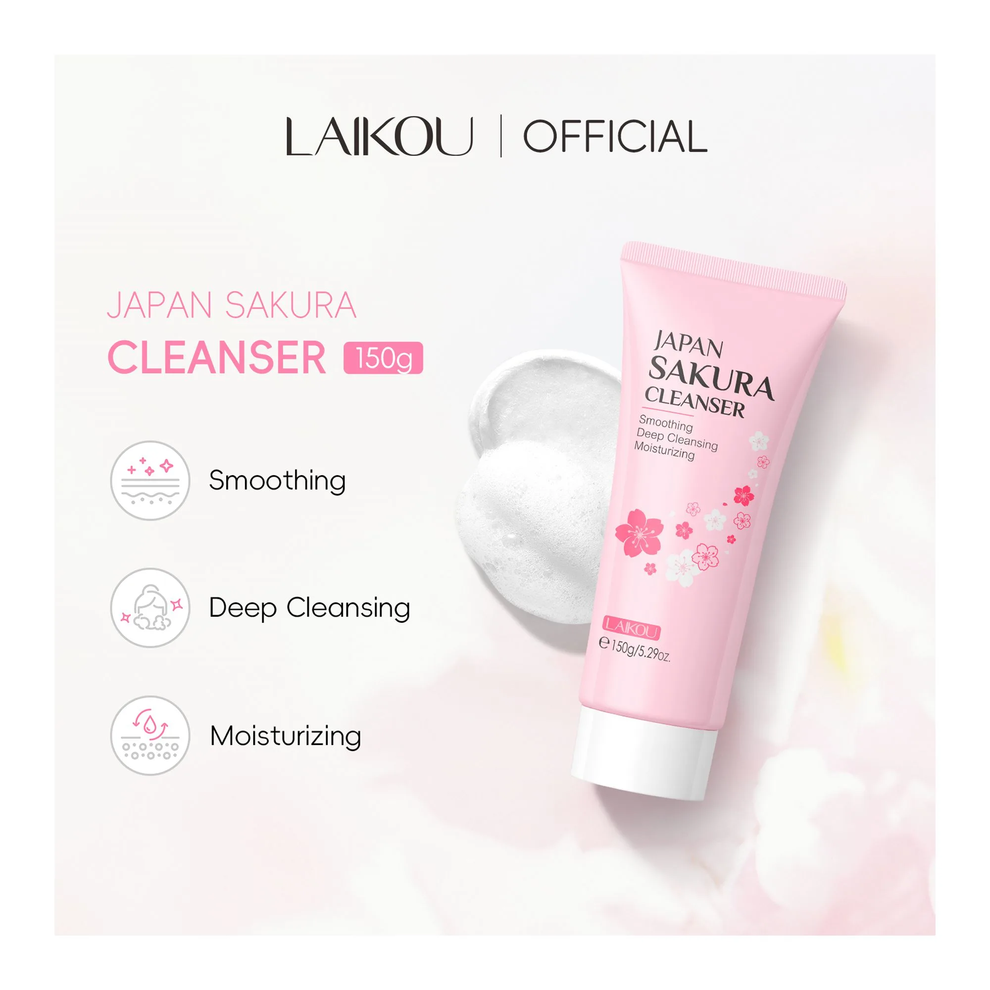 Close-up design of laikou japan sakura cleanser, ascorbic acid, for all types of skin, 150g, lk97868a