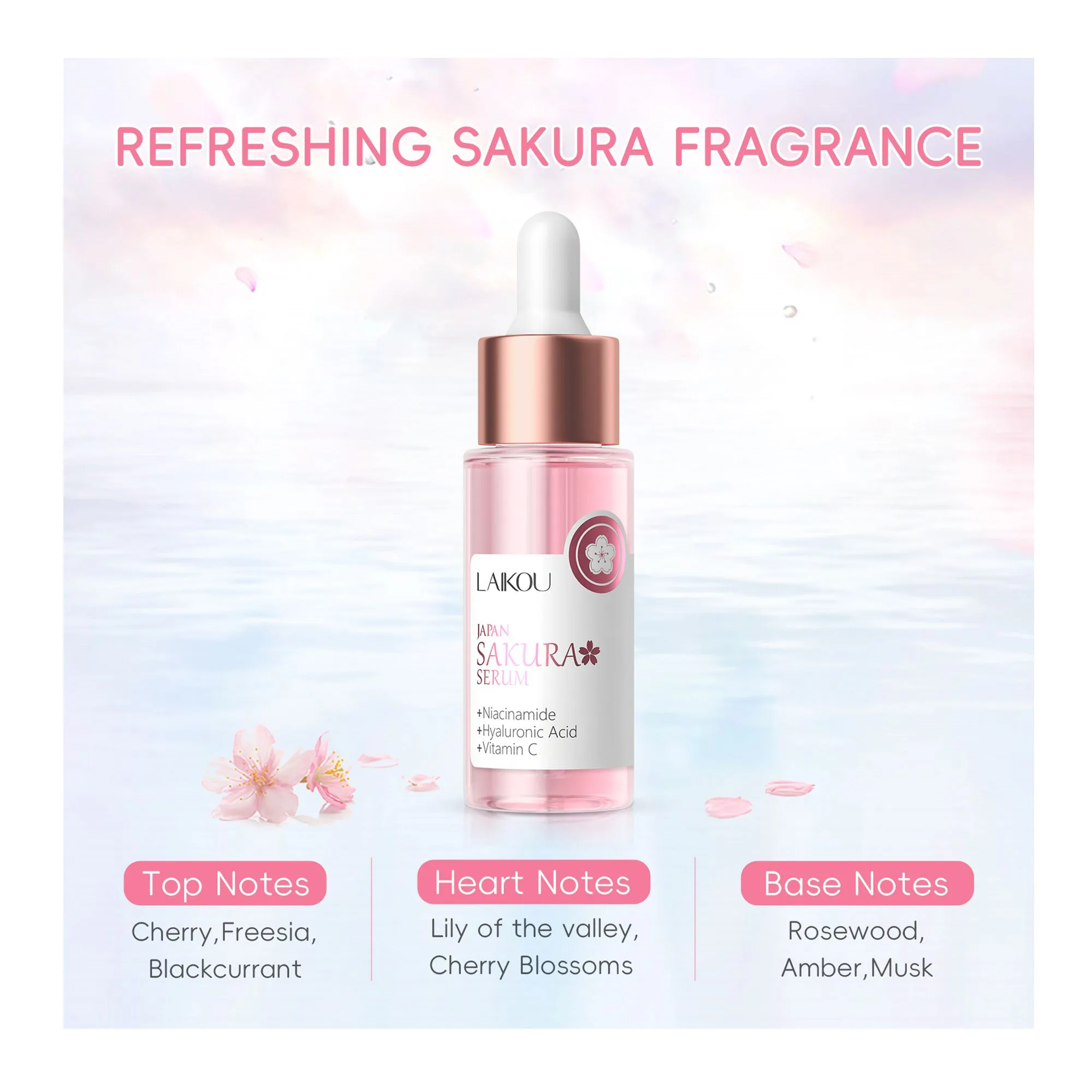 Side view of laikou japan sakura serum, niacinamide + hyaluronic acid + vitamin c, for sensitive skin, 30ml, lk91095d