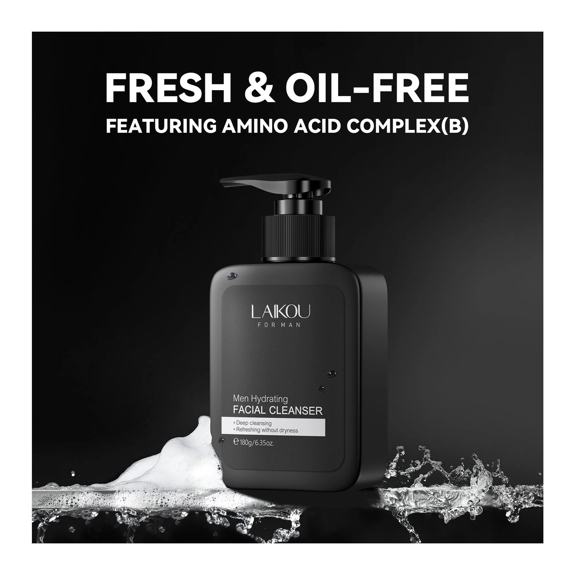 Side view of laikou men creamy lather facial cleanser, amino acid, for men, 180g, lk80761a
