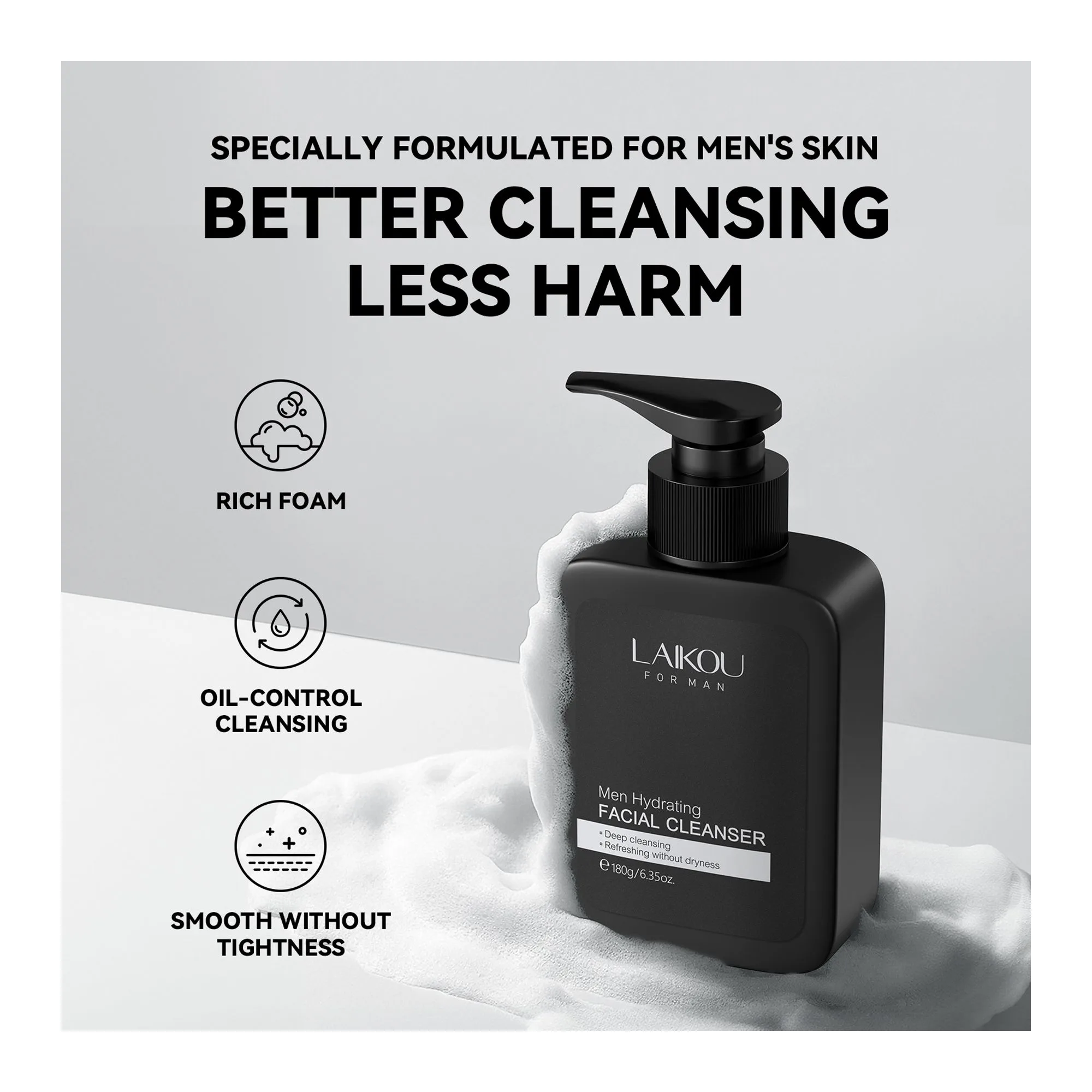 Comfortable casual laikou men creamy lather facial cleanser, amino acid, for men, 180g, lk80761a