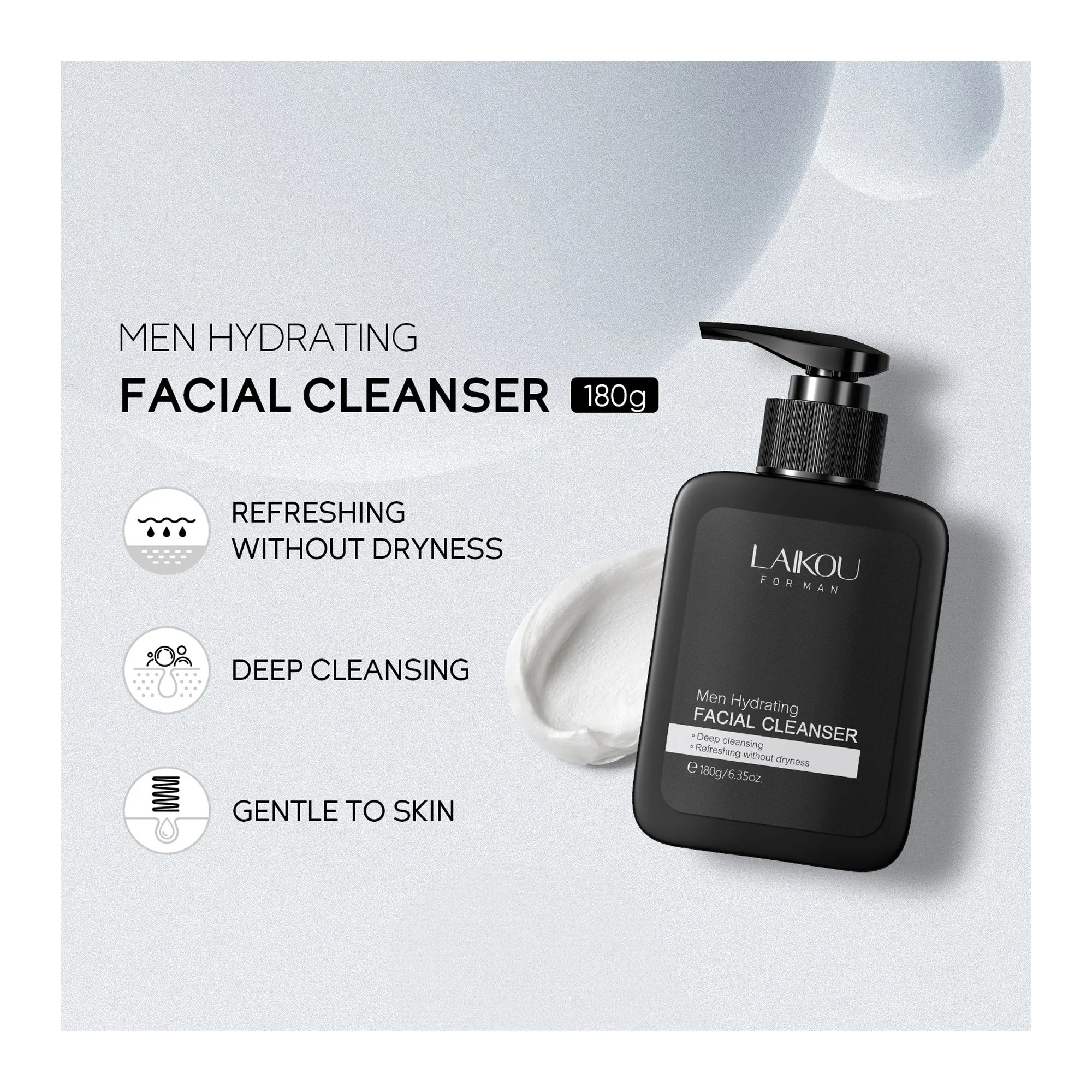 Close-up design of laikou men creamy lather facial cleanser, amino acid, for men, 180g, lk80761a