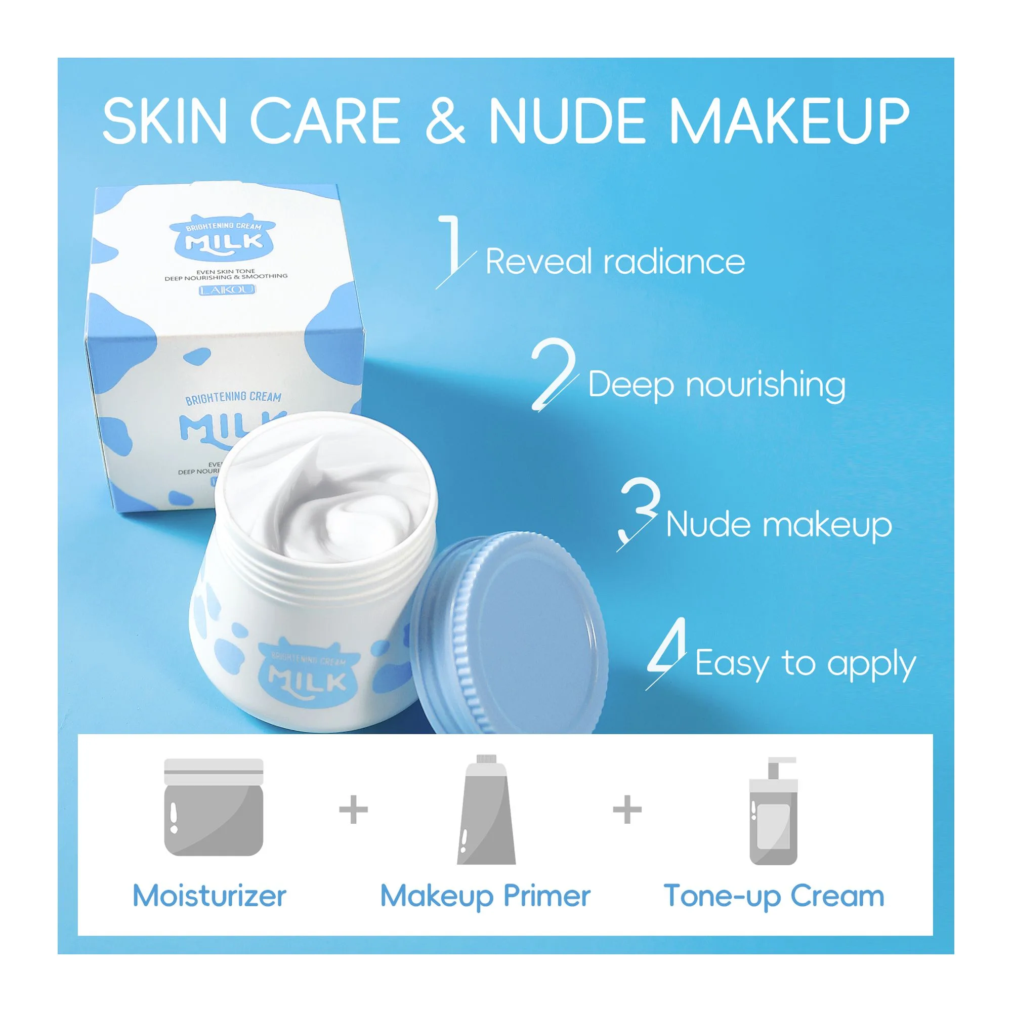 Side view of laikou milk brightening cream, hyaluronic acid & niacinamide, for non-allergic skin, 55g, lk91965d