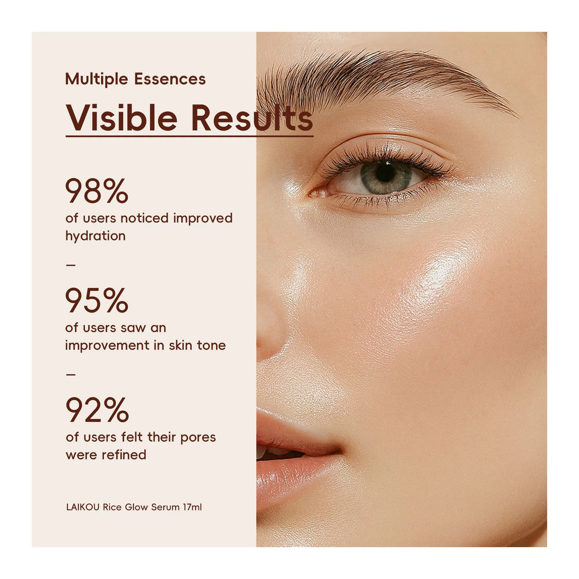 Side view of laikou rice glow serum, niacinamide & alpha-arbutin & panthenol, for smooth & hydrated skin, 17ml, lk81959a
