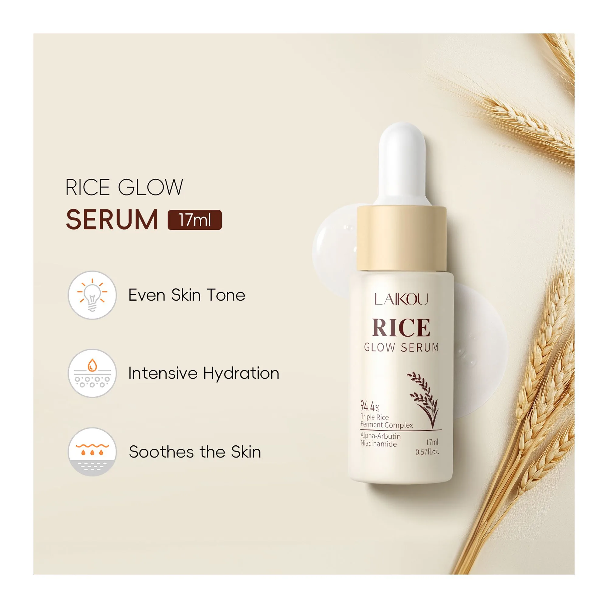 Comfortable casual laikou rice glow serum, niacinamide & alpha-arbutin & panthenol, for smooth & hydrated skin, 17ml, lk81959a