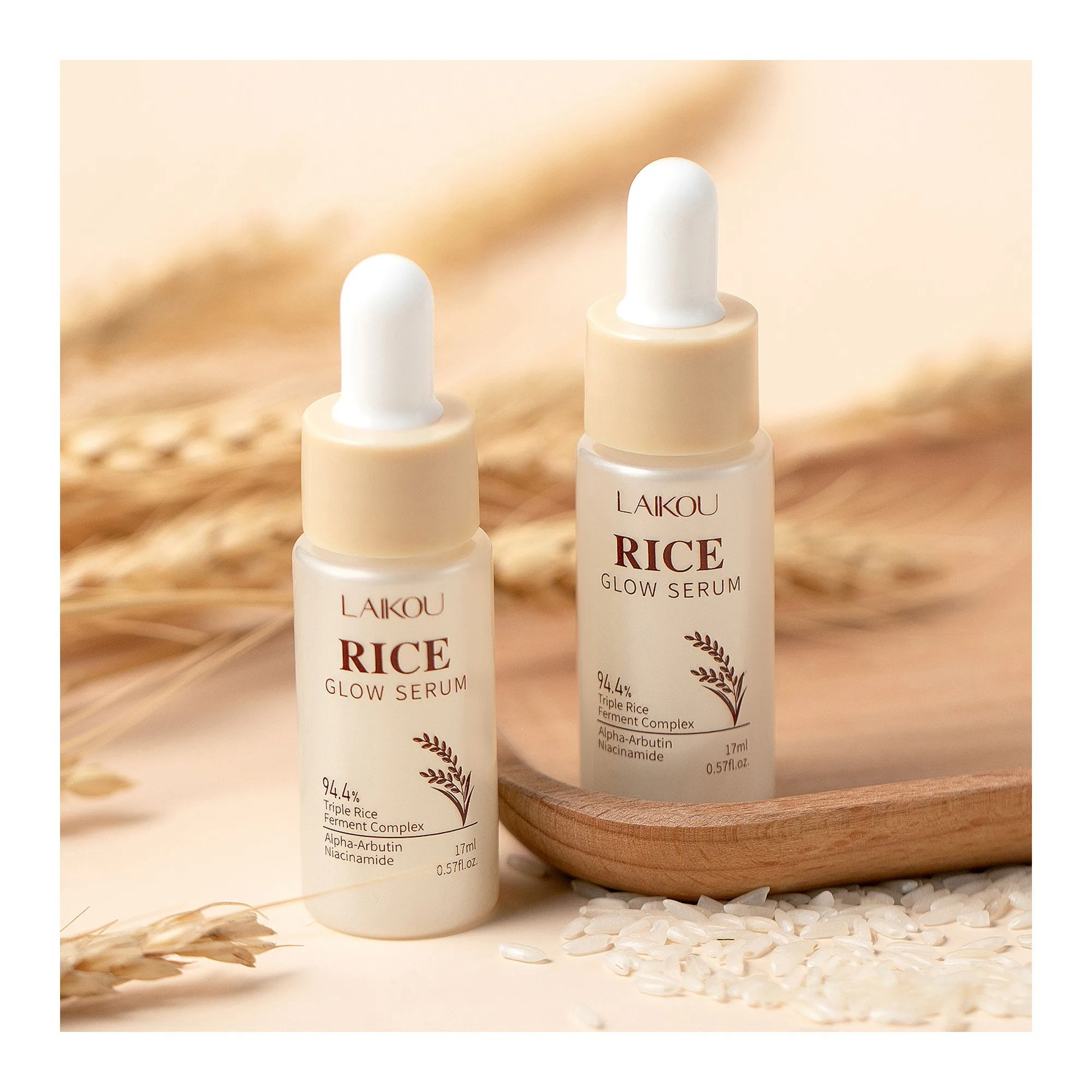 Close-up design of laikou rice glow serum, niacinamide & alpha-arbutin & panthenol, for smooth & hydrated skin, 17ml, lk81959a