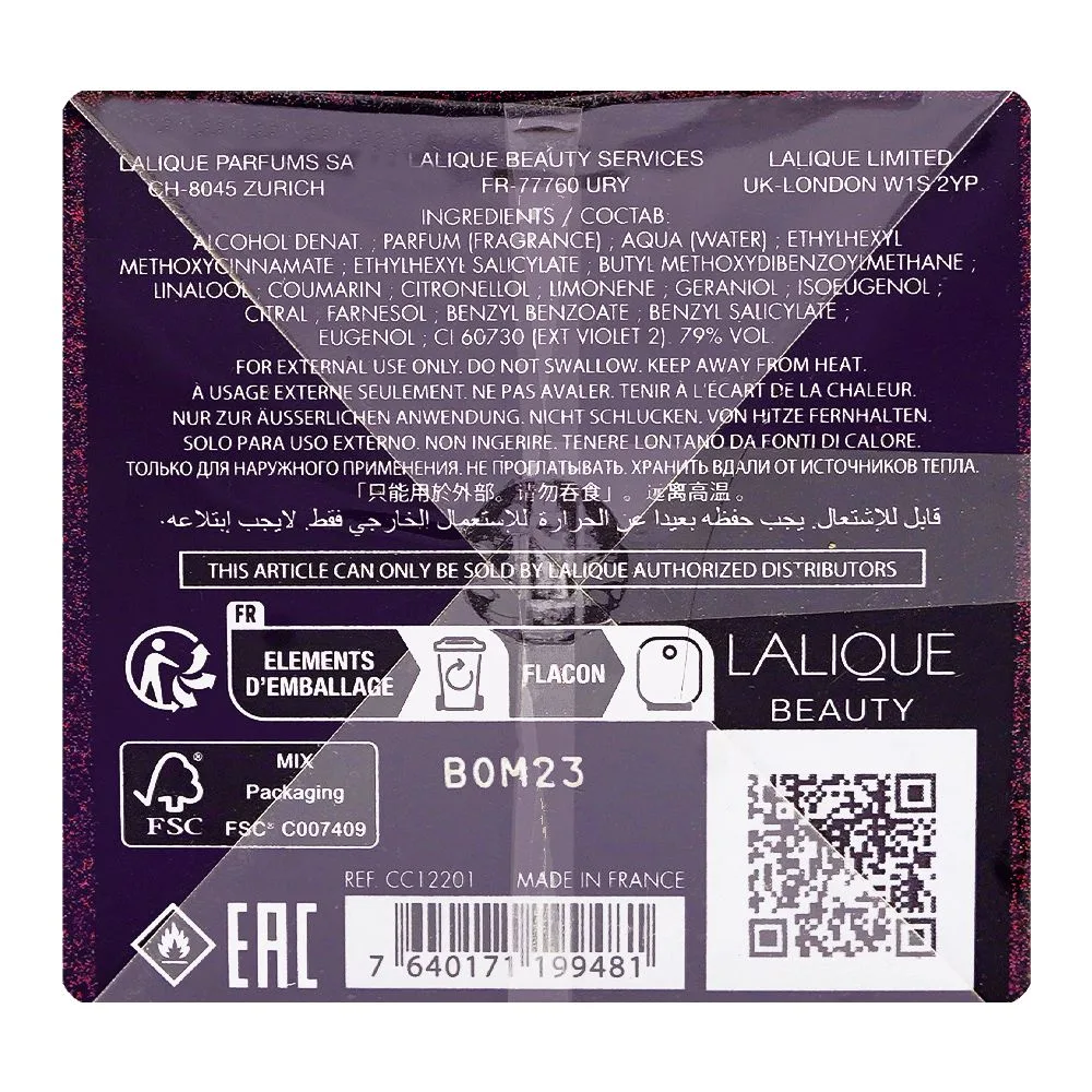 Side view of lalique amethyst exquise, eau de parfum, for women, 100ml