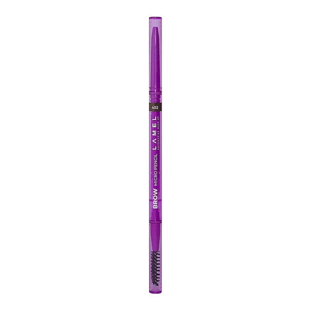 Side view of lamel brow micro eye pencil, 402 brunette