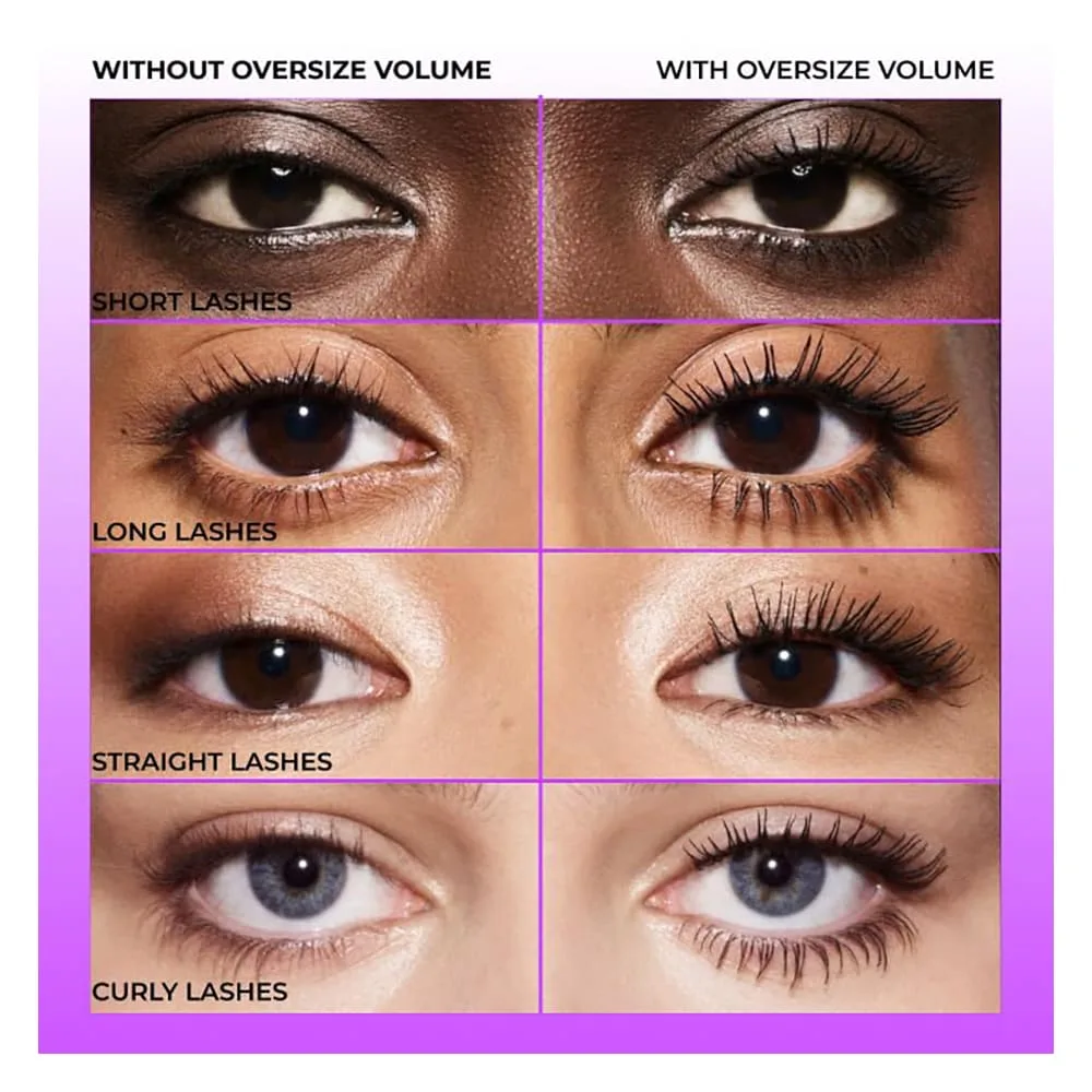 Comfortable casual lamel volume double oversize mascara, smudge proof, flake-free, vibrant black