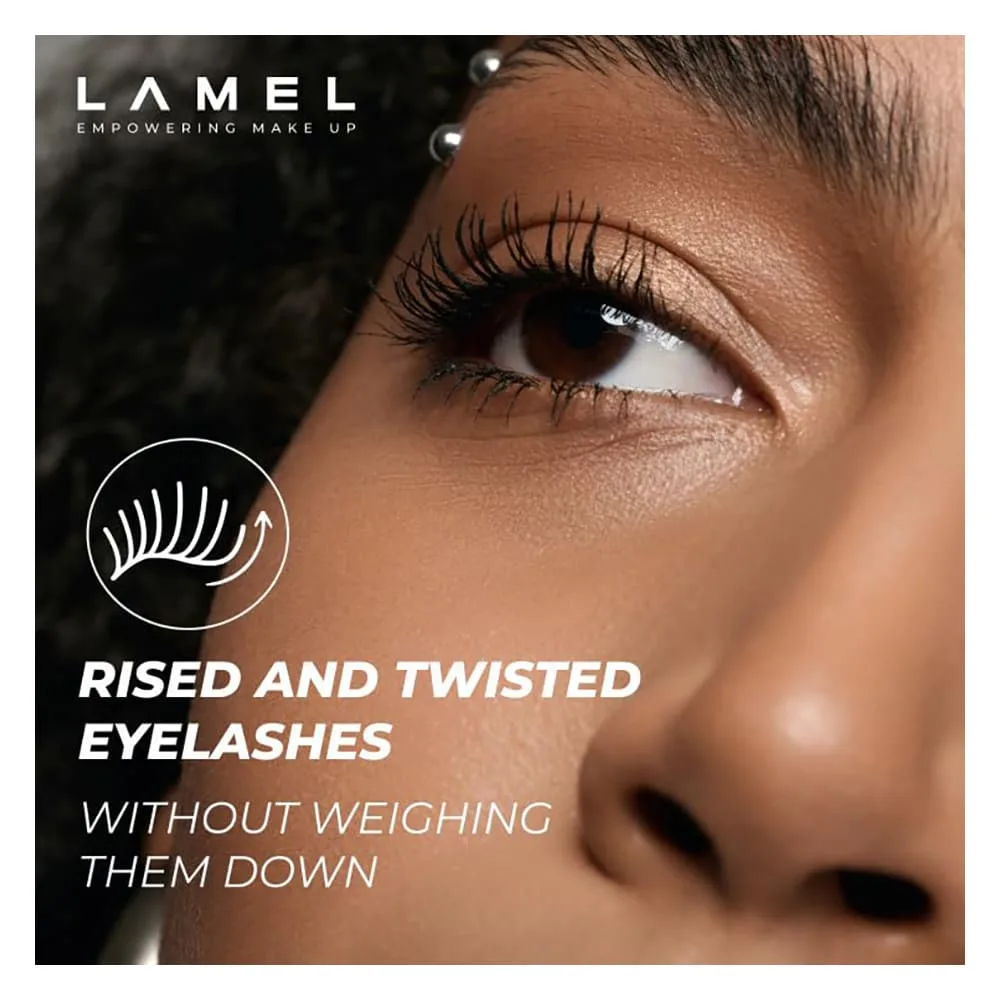Close-up design of lamel volume double oversize mascara, smudge proof, flake-free, vibrant black