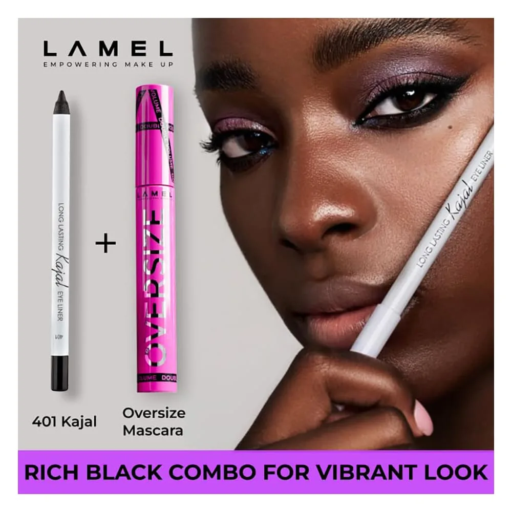 Front angle of lamel volume double oversize mascara, smudge proof, flake-free, vibrant black