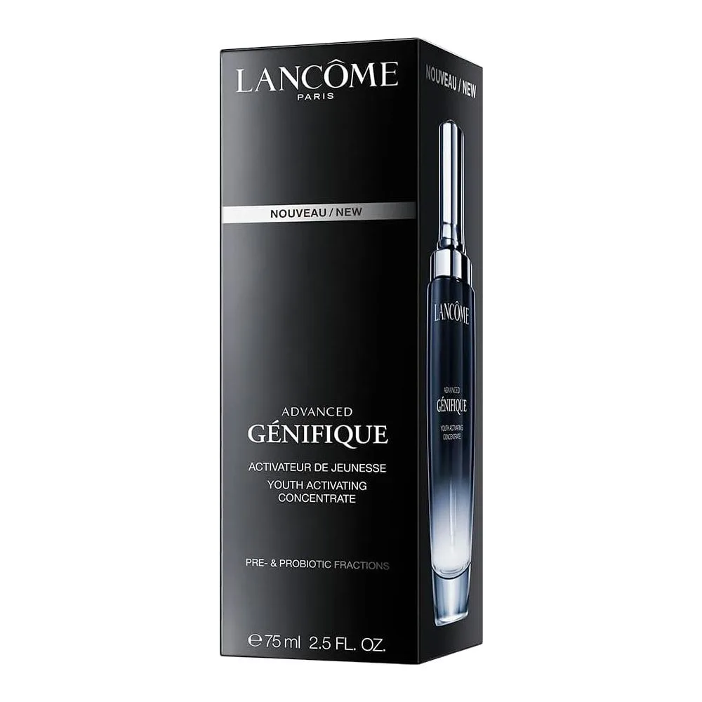 Side view of lancome advanced genifique radiance boosting face serum, 75ml