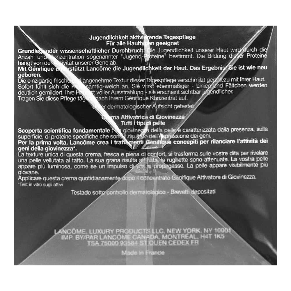 Close-up design of lancome genifique youth activating day cream, face moisturizer, 50ml