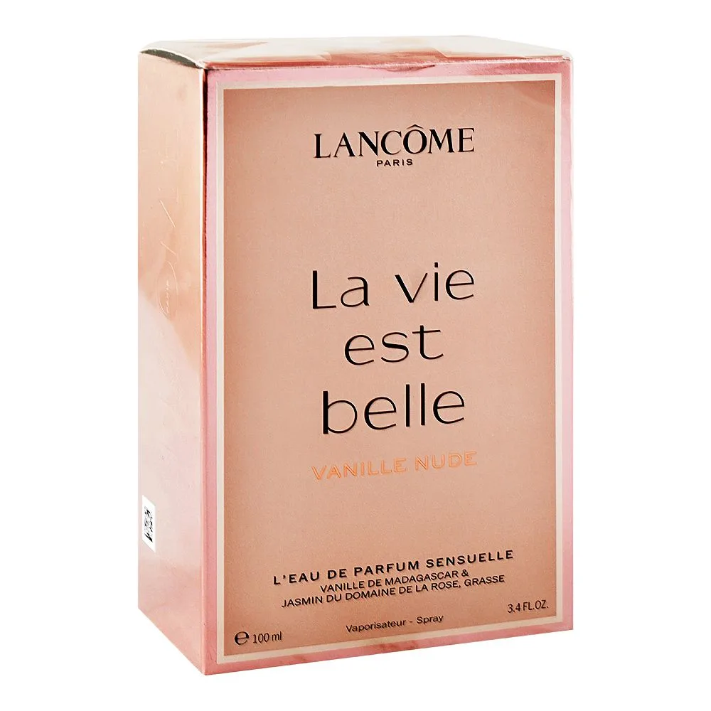 Side view of lancome la vie est belle vanille nude l'eau de perfum sensuelle, for women, 100ml