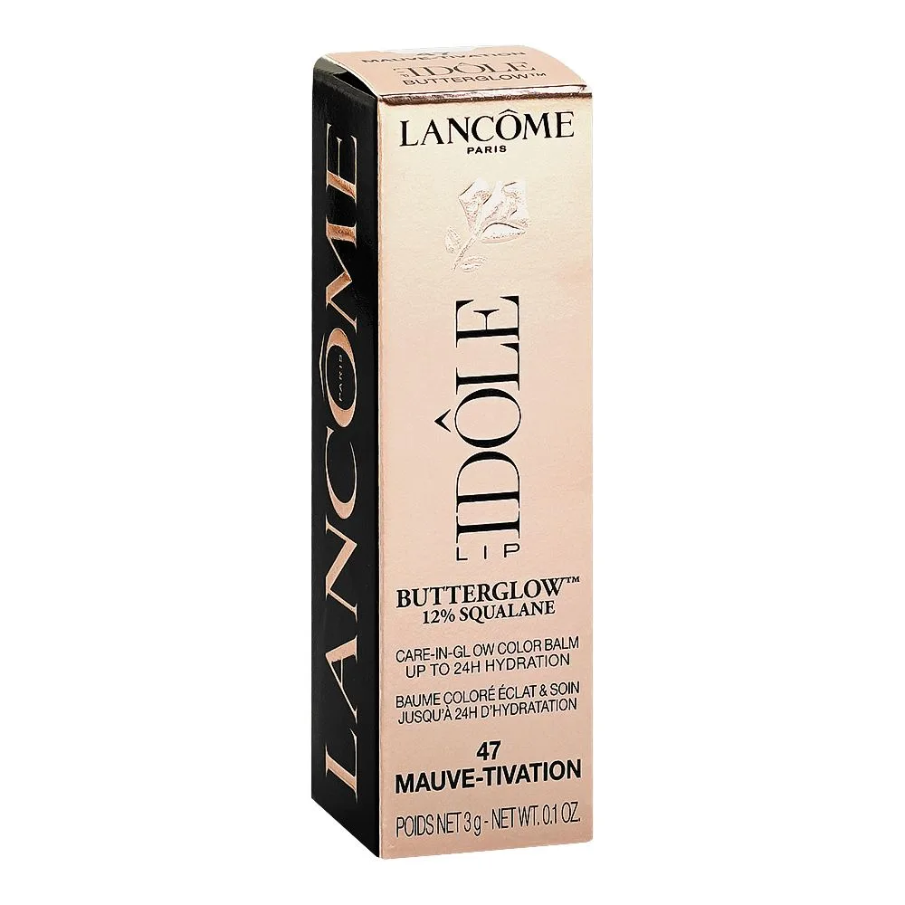 Side view of lancome paris idole lip butter glow 12% squalane care-in-glow color balm, 47 mauve-tivation, 3g