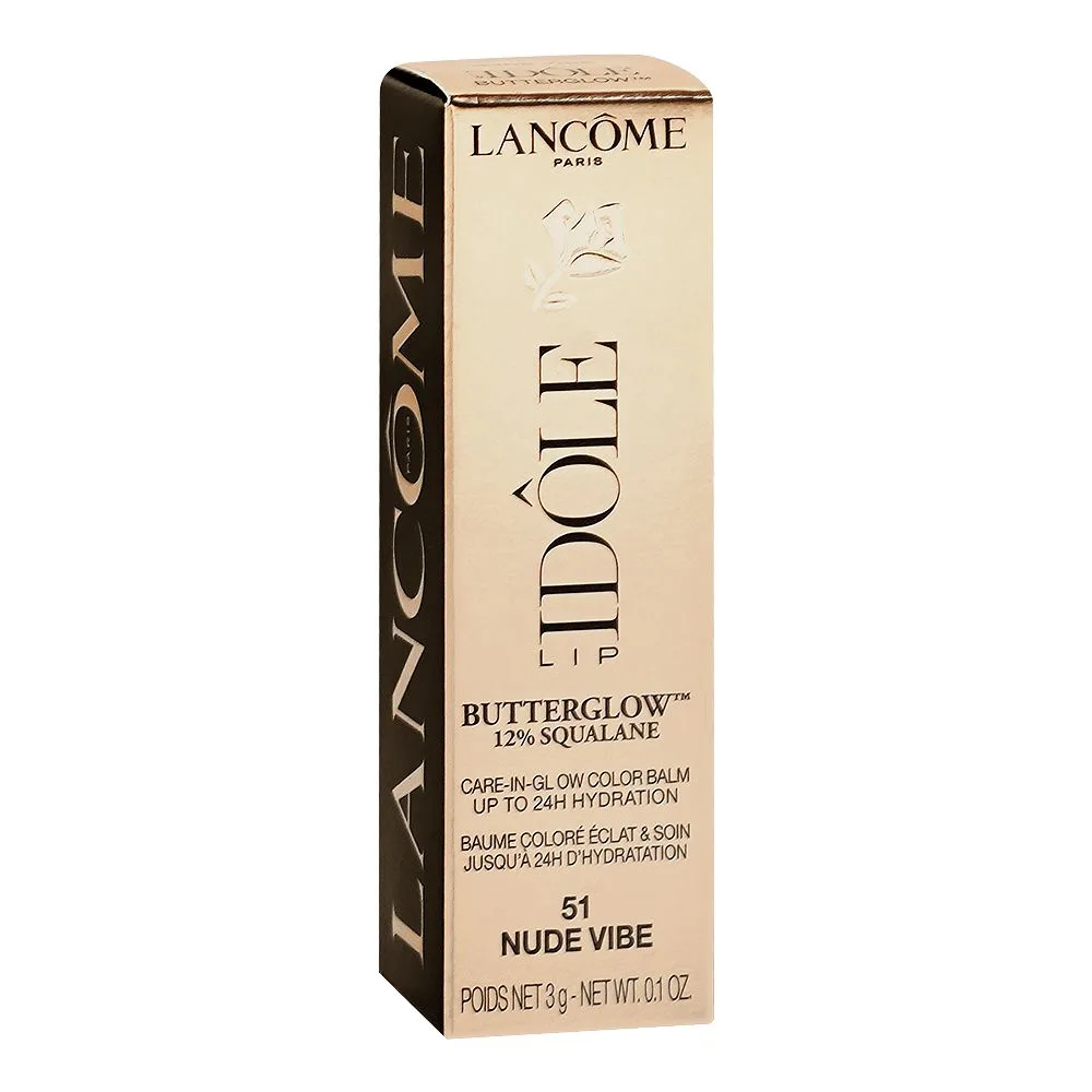 Side view of lancome paris idole lip butter glow 12% squalane care-in-glow color balm, 51 nude vibe, 3g
