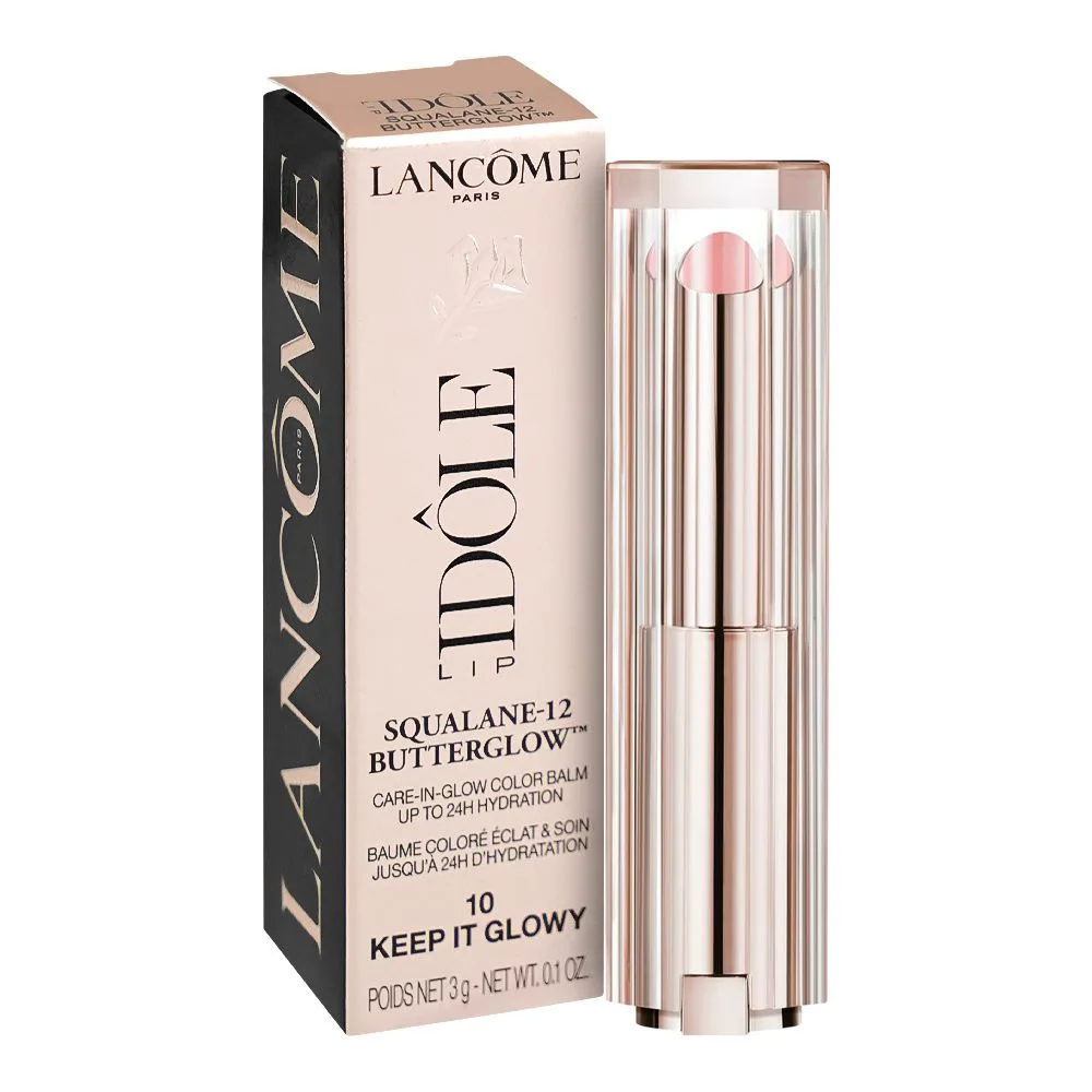 Side view of lancome paris idole squalane-12 butter glow hydrating lip balm, 3g, 10 keep it glowy