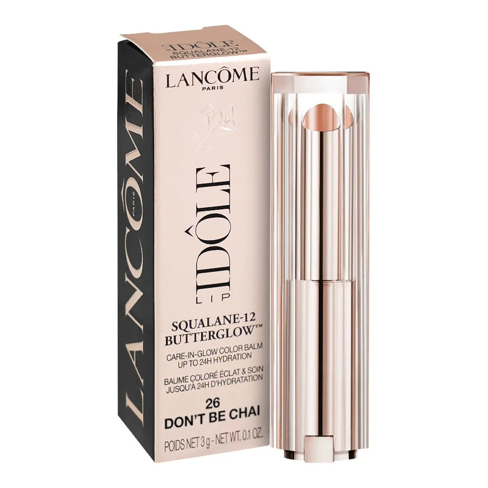 Side view of lancome paris idole squalane-12 butter glow hydrating lip balm, 3g, 26 don't be chai