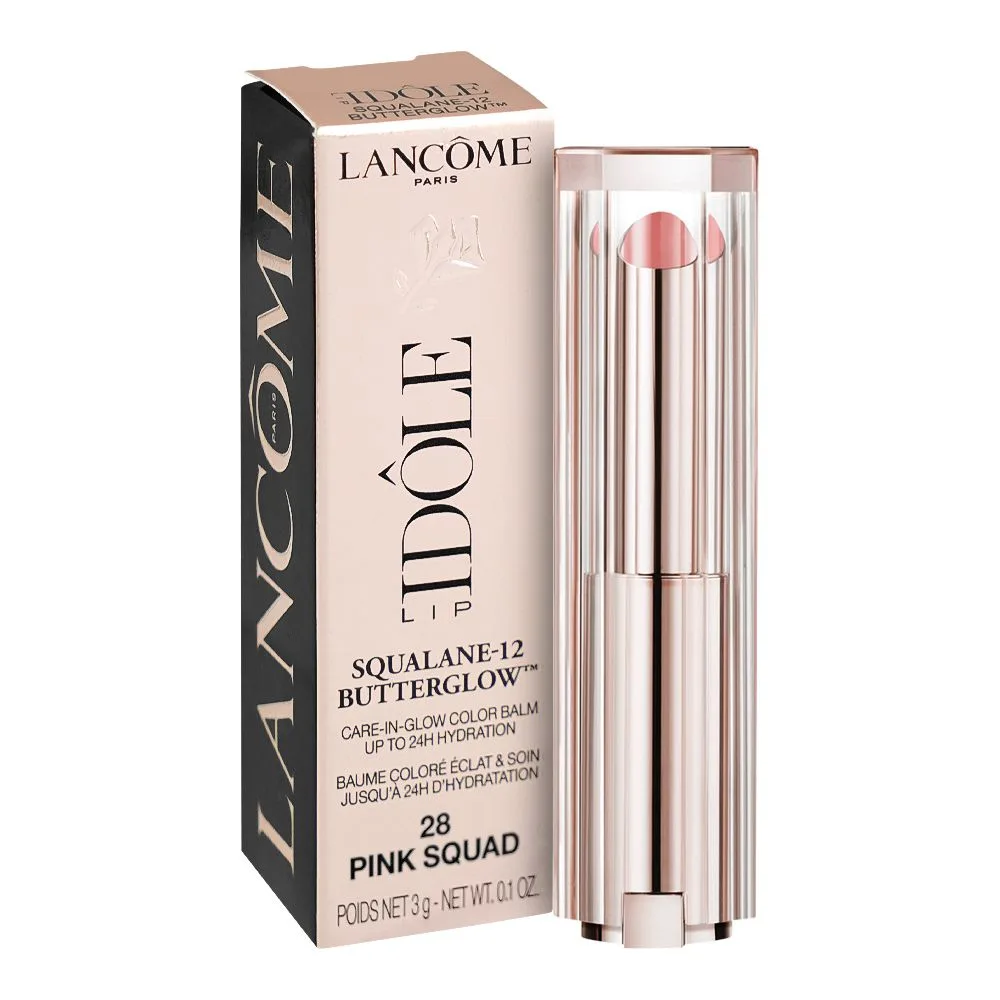 Side view of lancome paris idole squalane-12 butter glow hydrating lip balm, 3g, 28 pink squad