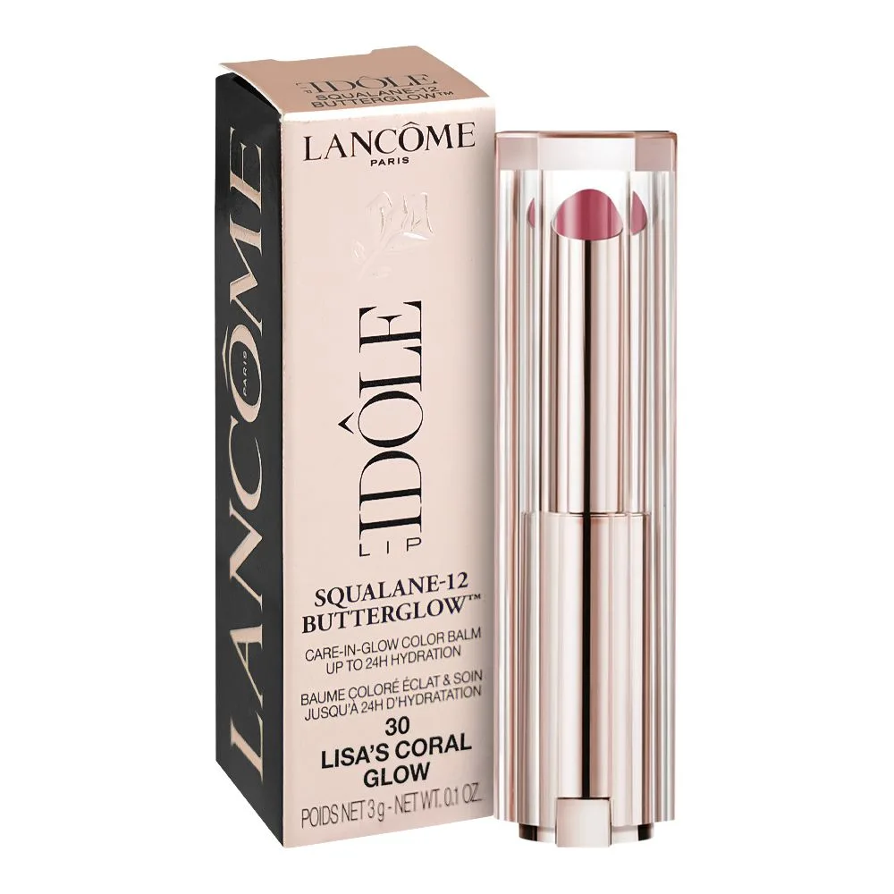 Side view of lancome paris idole squalane-12 butter glow hydrating lip balm, 3g, 30 lisa-'s coral glow