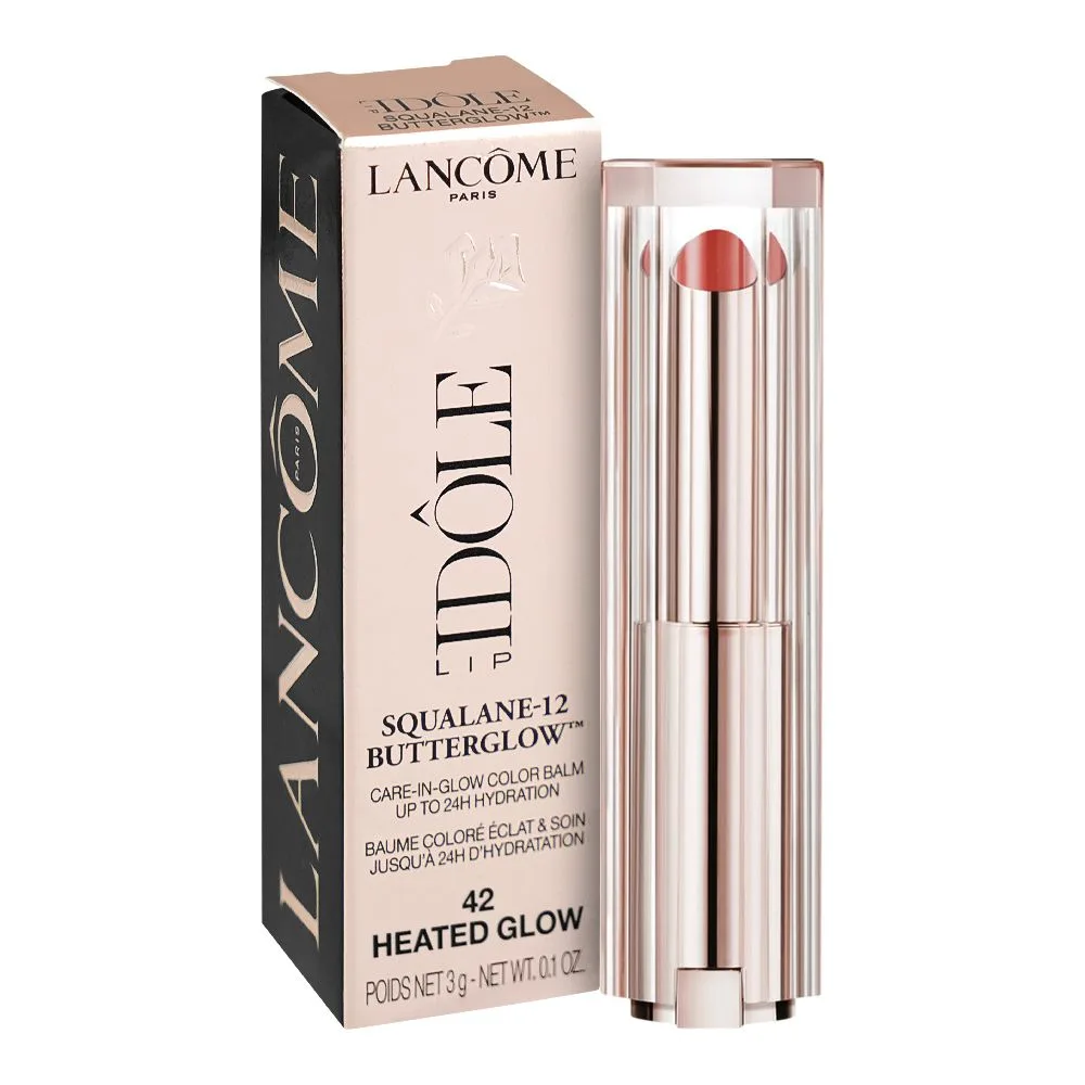 Side view of lancome paris idole squalane-12 butter glow hydrating lip balm, 3g, 42 heated glow