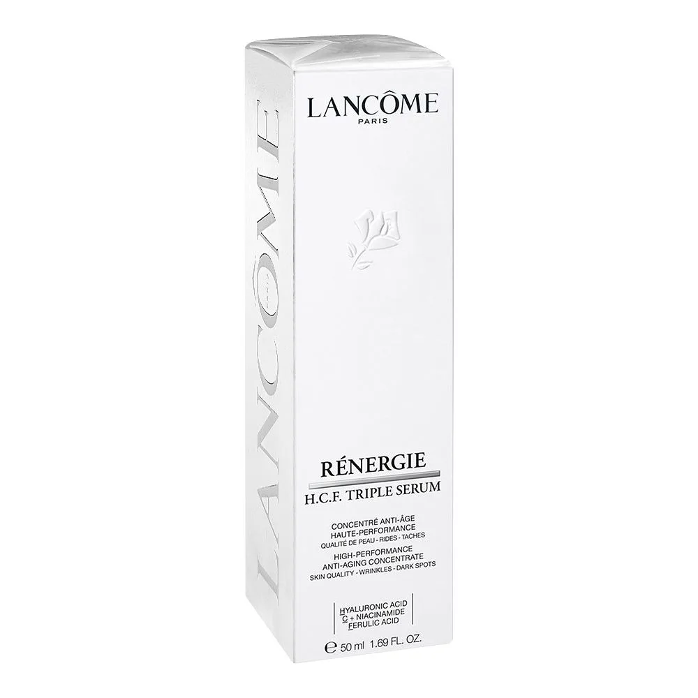 Side view of lancome paris renergie h.c.f triple anti-aging concentrate serum, hyaluronic acid, niacinamide, 50ml