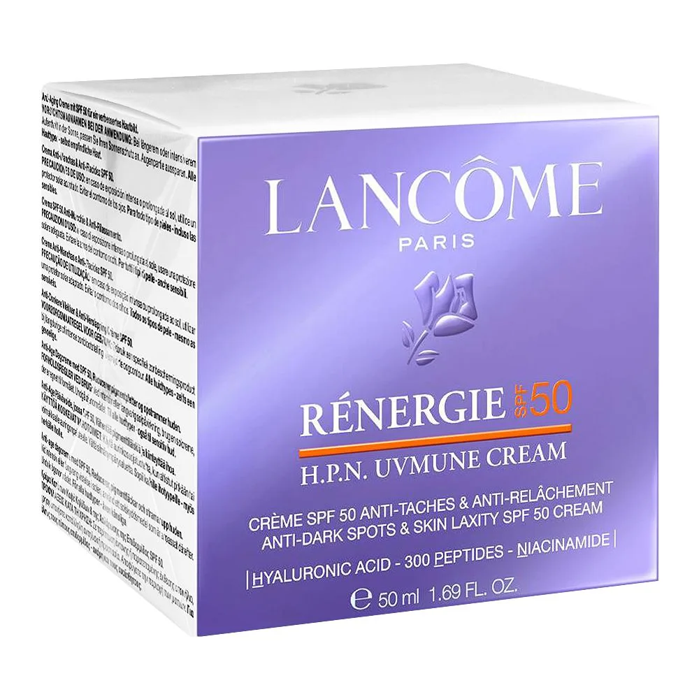 Side view of lancome paris renergie spf50 h.p.n. uv mune anti-dark spot cream, hyaluronic acid, niacinamide, for all types of skin, 50ml