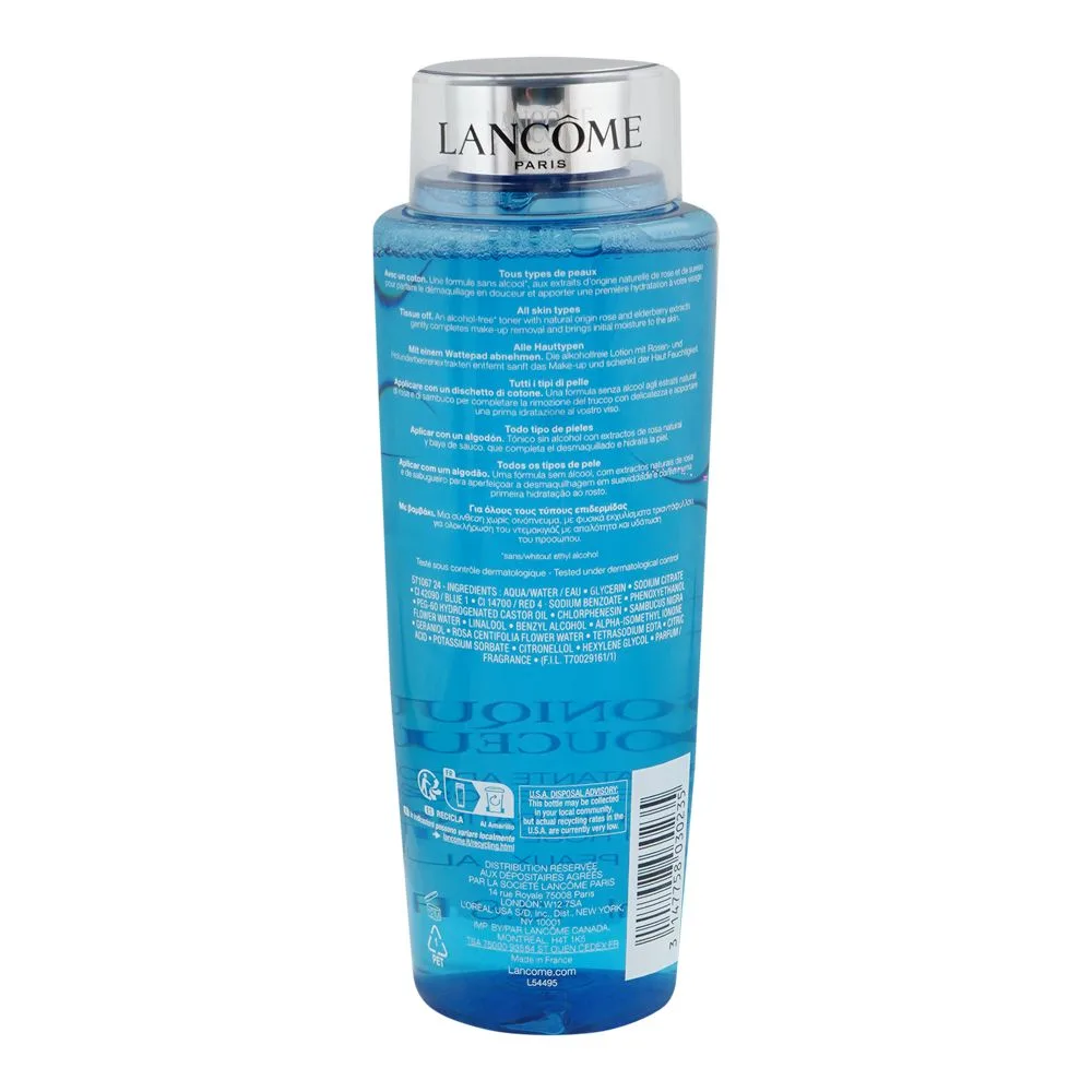 Side view of lancome paris tonique softening hydrating toner with rose water, 400ml