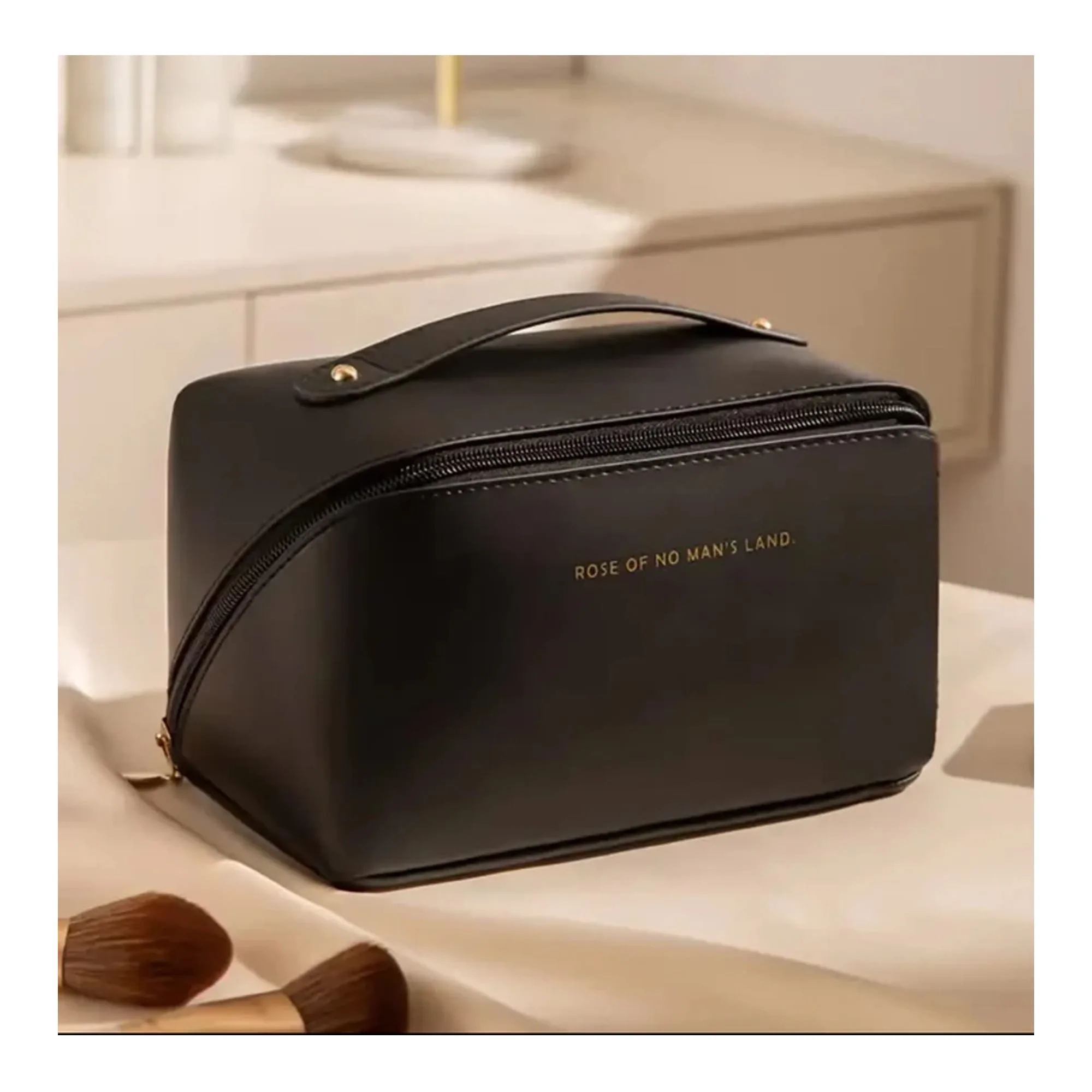 Large Capacity Long Leather Cosmetic Bag, Travel Makeup Organizer, Black