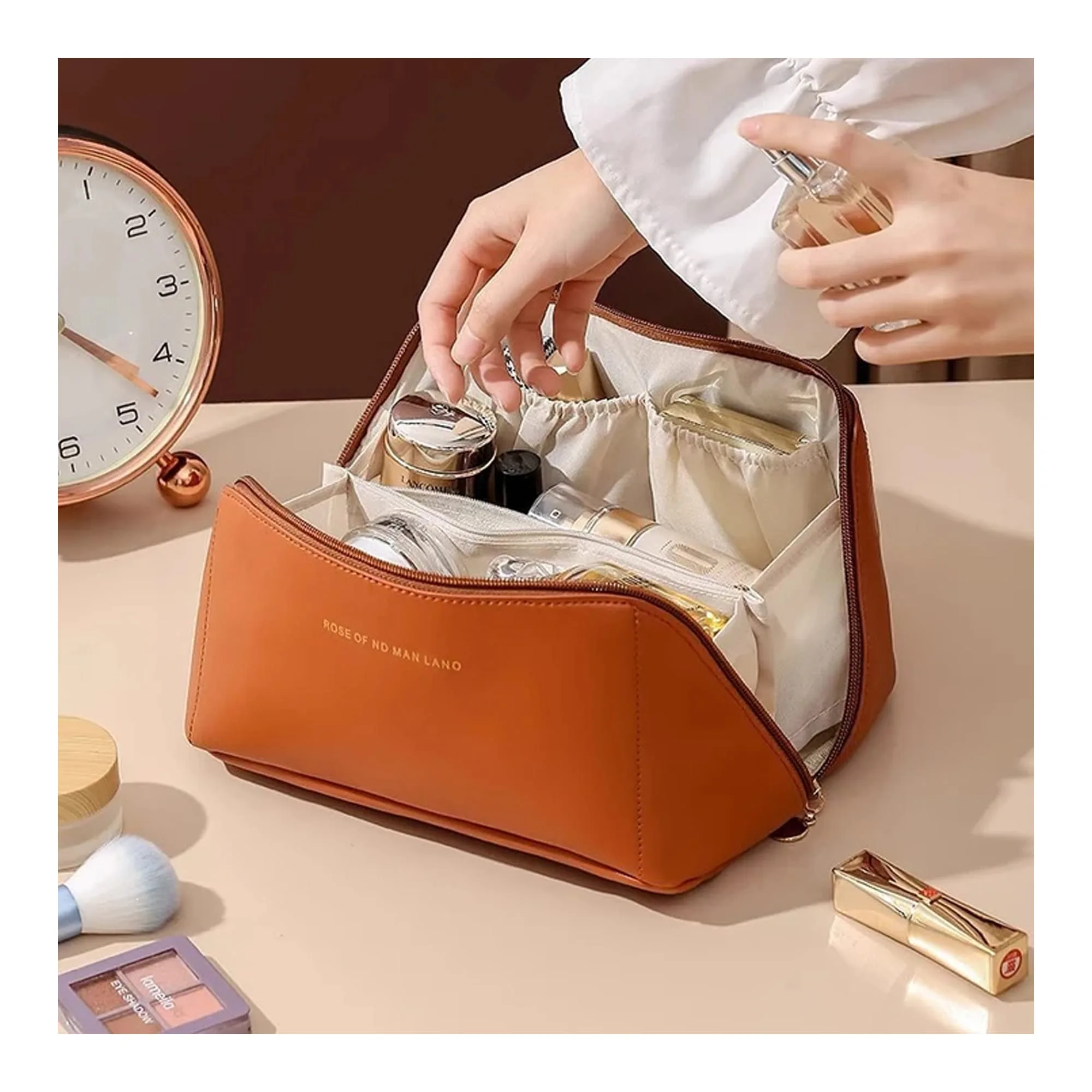 Large Capacity Long Leather Cosmetic Bag, Travel Makeup Organizer, Brown