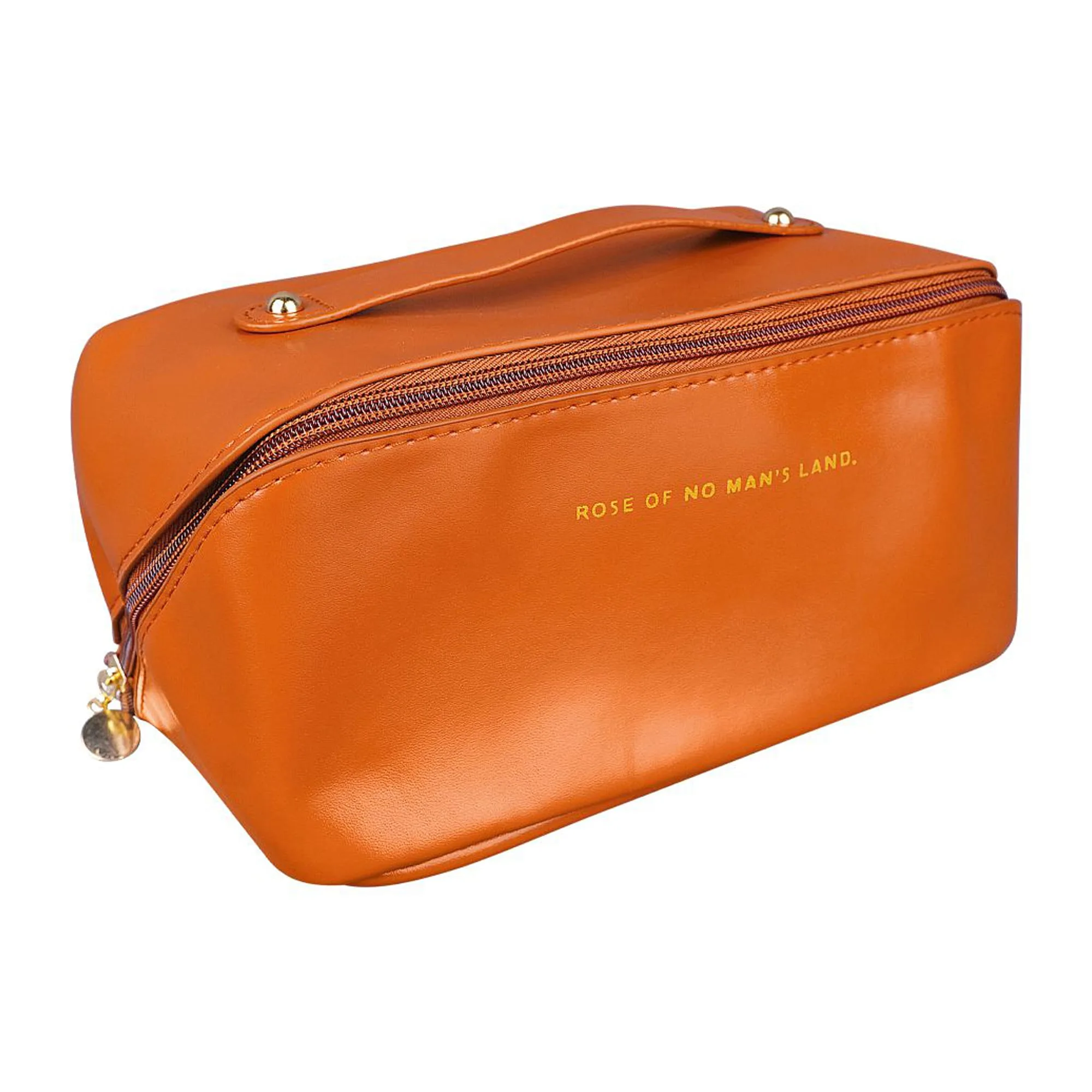 Side view of large capacity long leather cosmetic bag, travel makeup organizer, brown