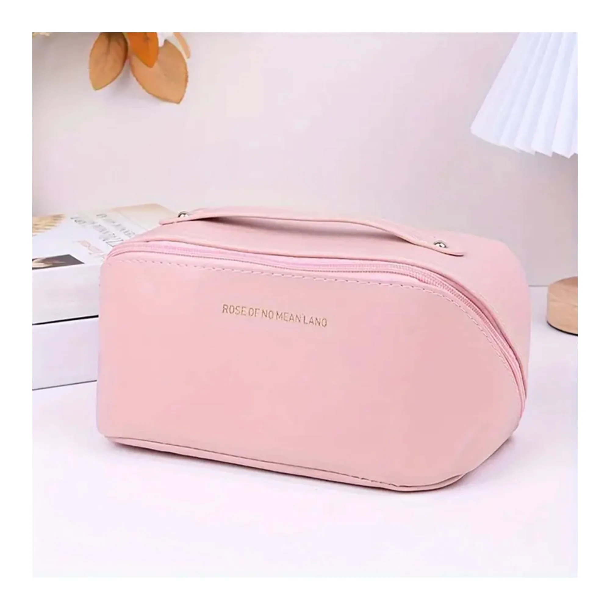 Large Capacity Long Leather Cosmetic Bag, Travel Makeup Organizer, Pink