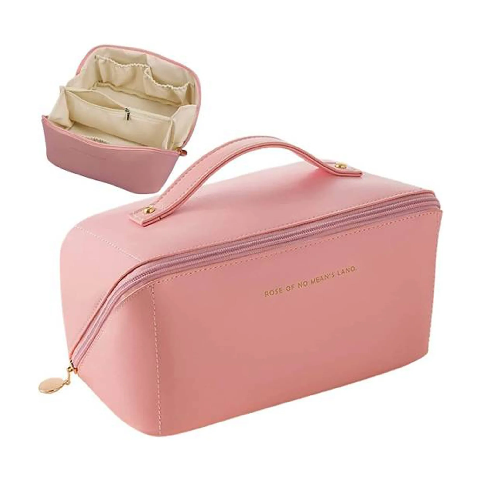 Comfortable casual large capacity long leather cosmetic bag, travel makeup organizer, pink