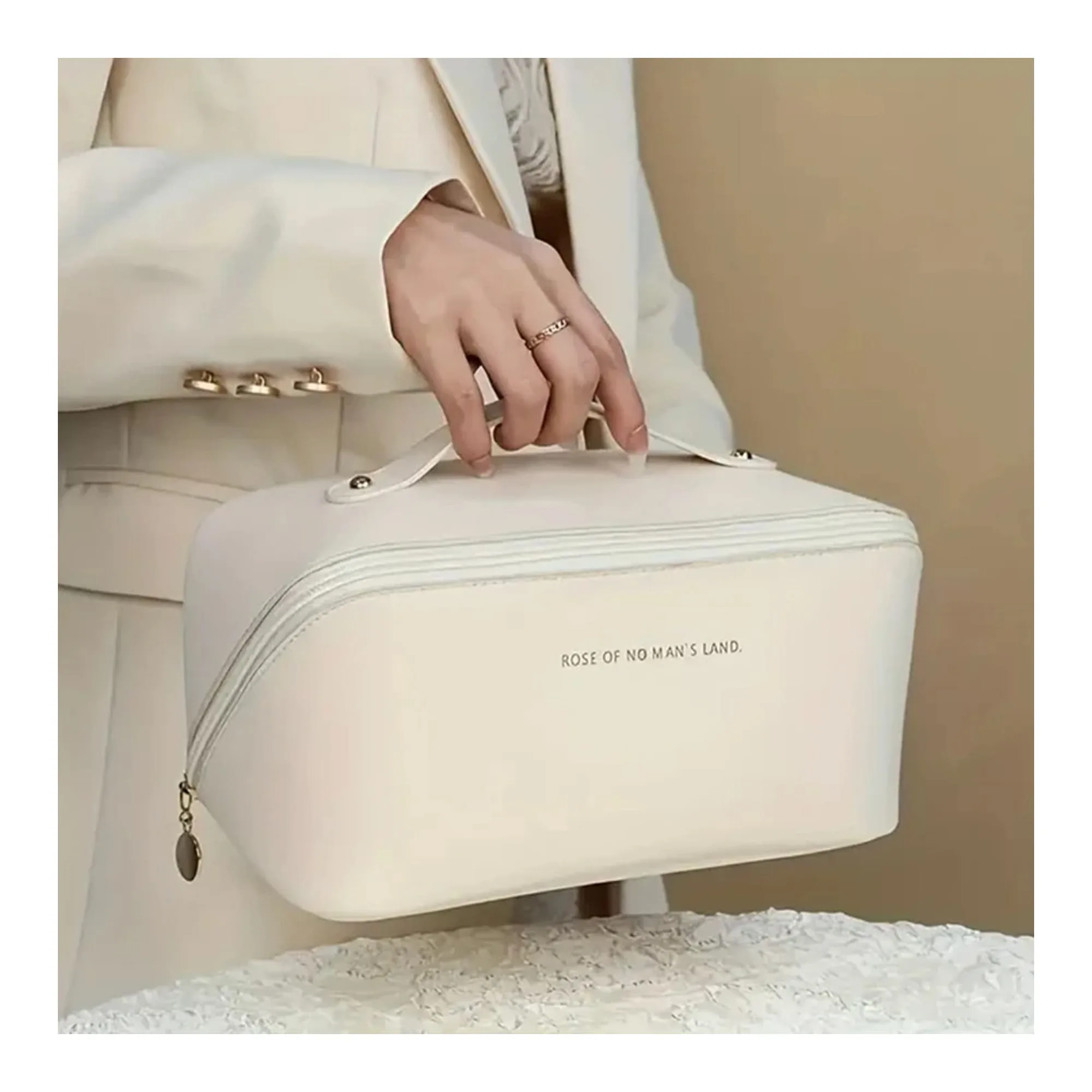 Large Capacity Long Leather Cosmetic Bag, Travel Makeup Organizer, White