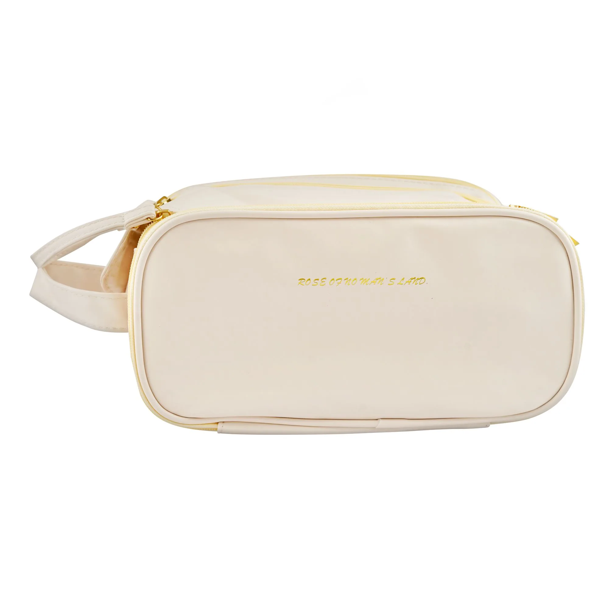 Side view of large waterproof leather makeup bag, portable travel cosmetic organizer, white