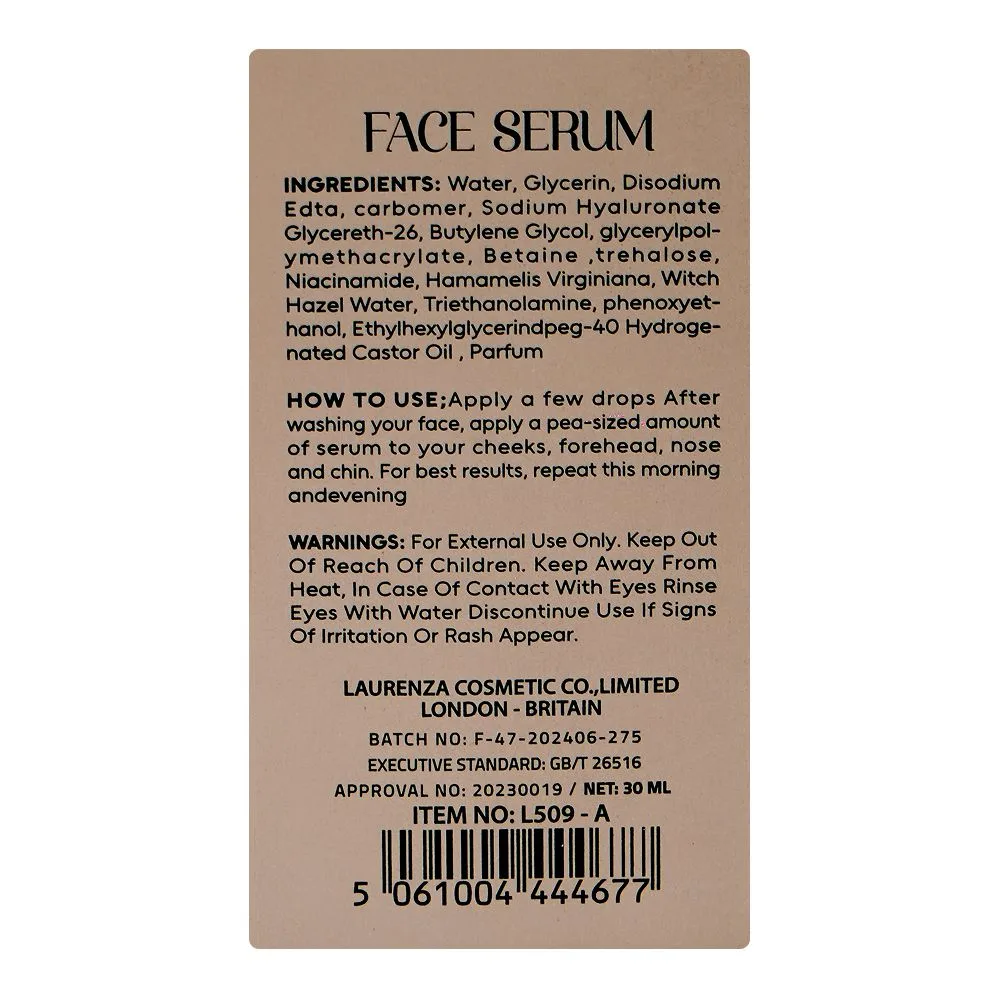 Side view of laurenza aha + bha face serum, glycerin, niacinamide, for moisturizing skin, 30ml