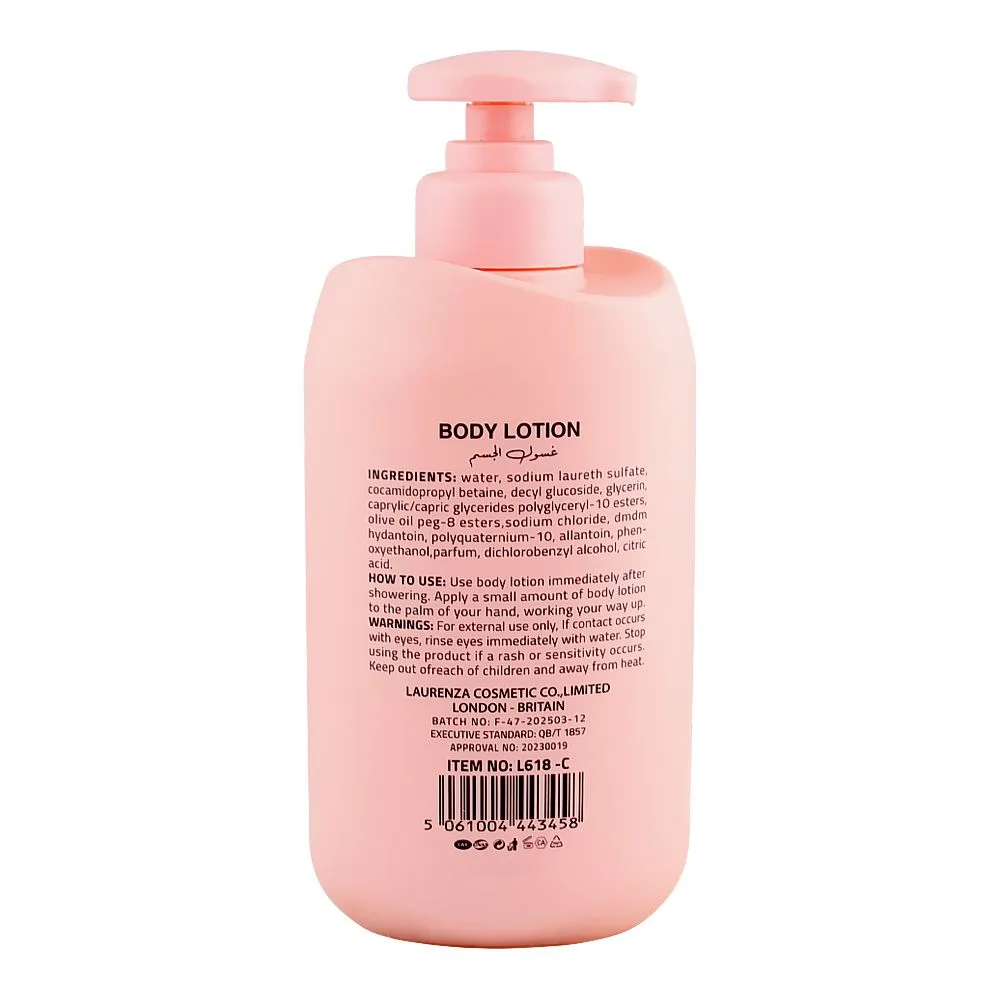 Side view of laurenza collagen body lotion, glycerin, citric acid, for glowing skin, 500ml
