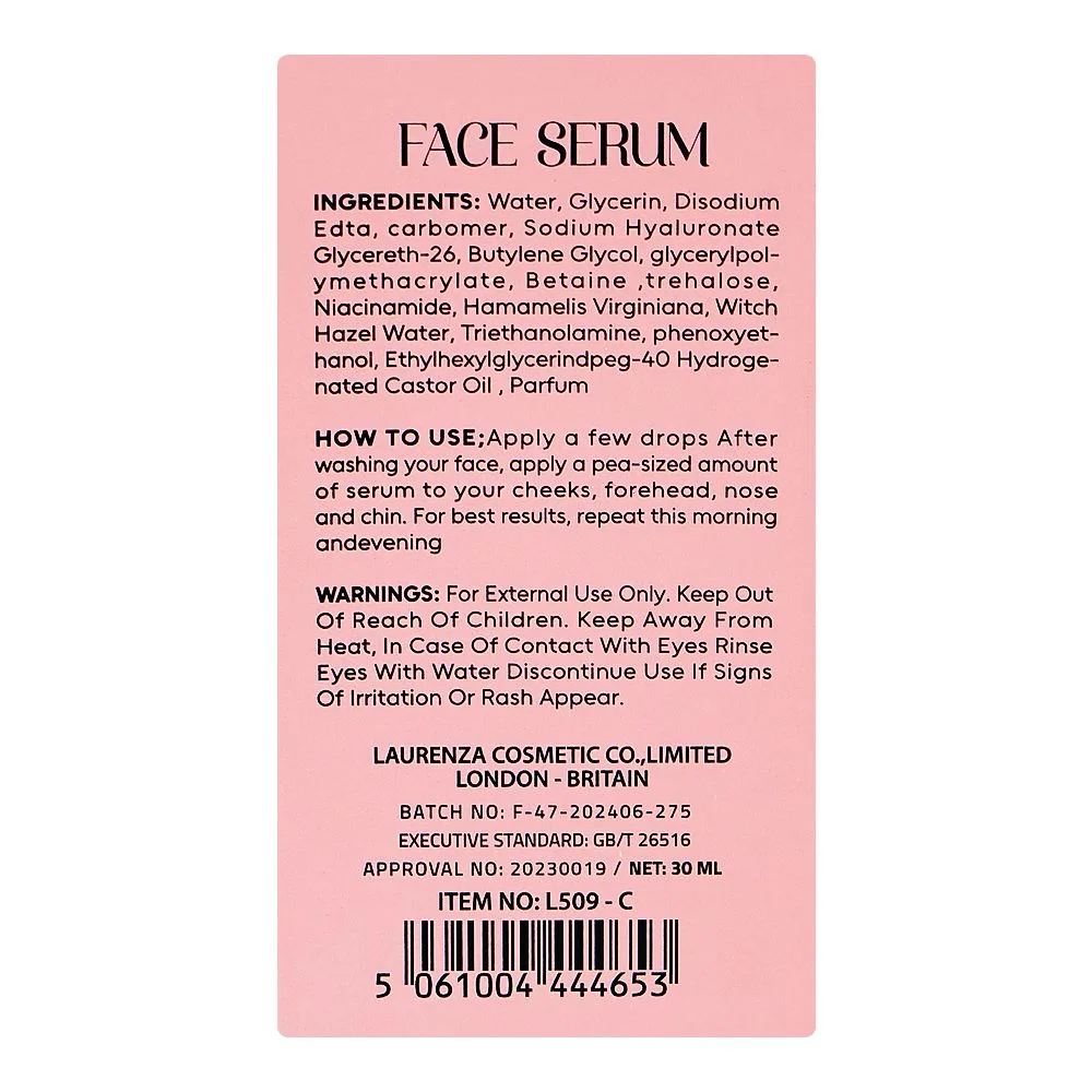 Side view of laurenza collagen face serum, glycerin, niacinamide, for pigmented skin, 30ml