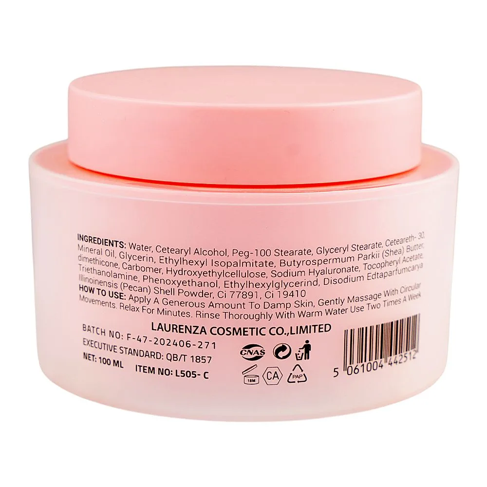 Side view of laurenza collagen facial scrub, mineral oil, glycerin, shea butter, for dead skin cells, 100ml