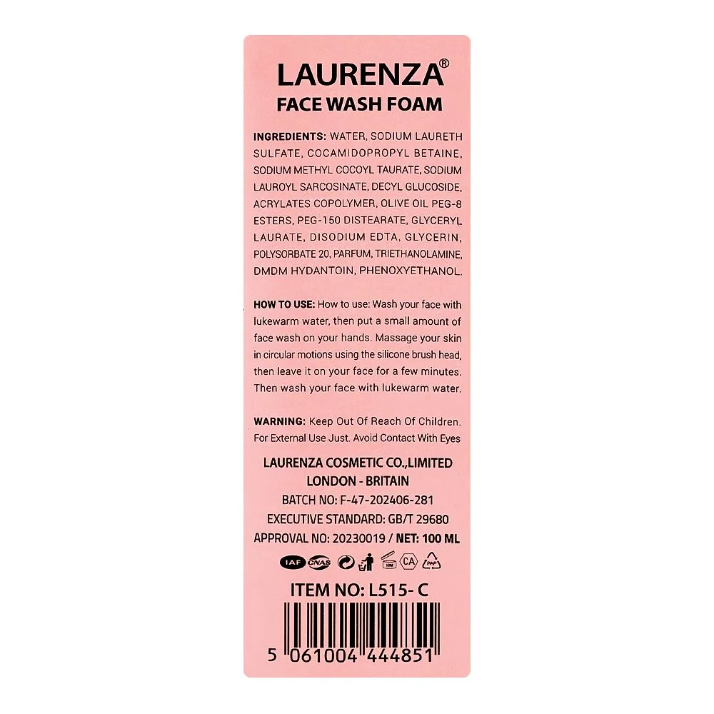 Side view of laurenza collagen foam face wash, glycerin, for wrinkle free skin, 100ml