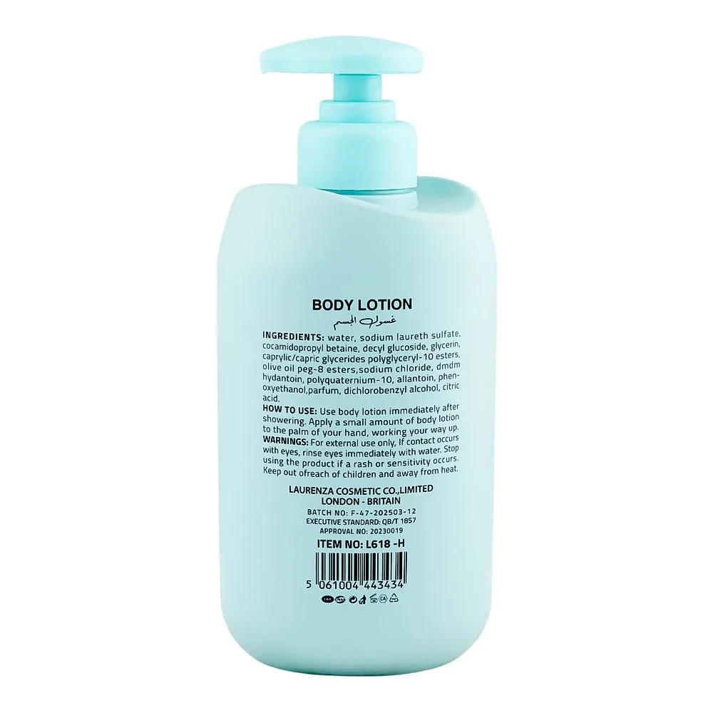 Side view of laurenza hyaluronic acid body lotion, glycerin, citric acid, for moisturizing skin, 500ml