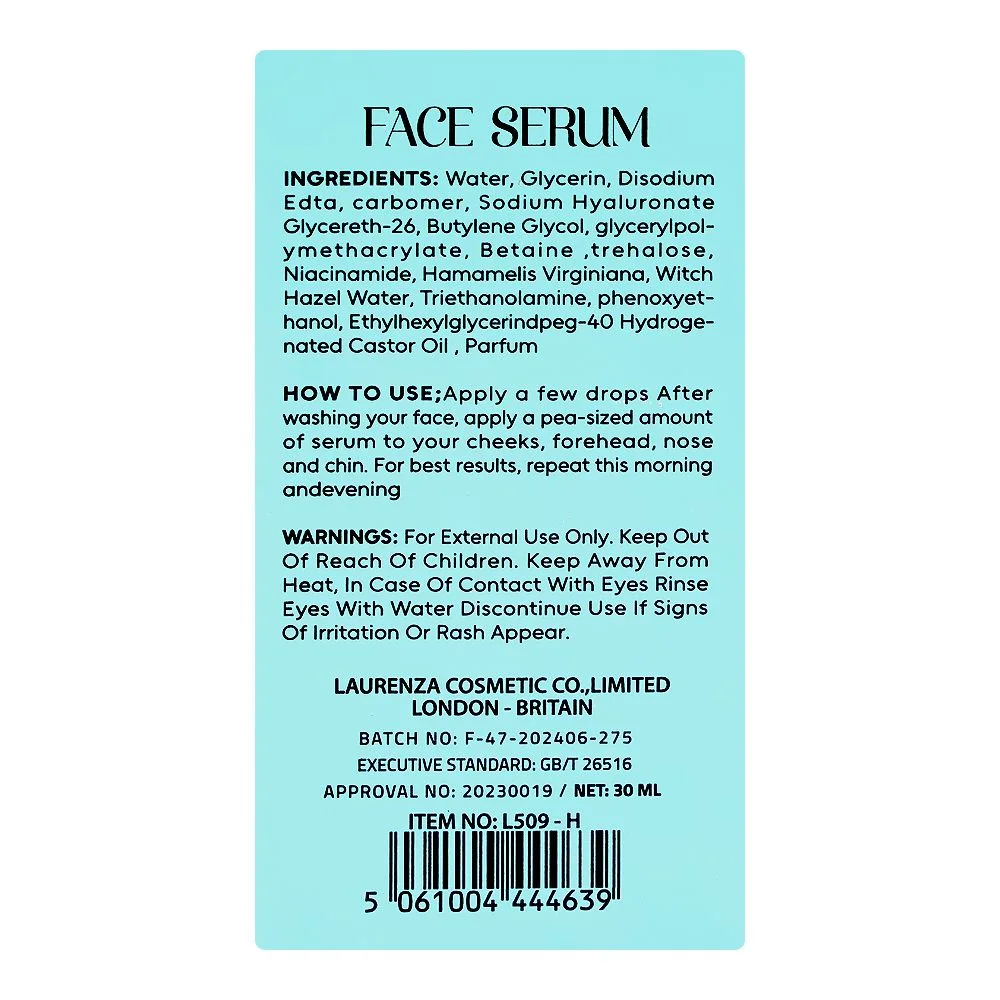 Side view of laurenza hyaluronic acid face serum, glycerin, niacinamide, for pigmented skin, 30ml