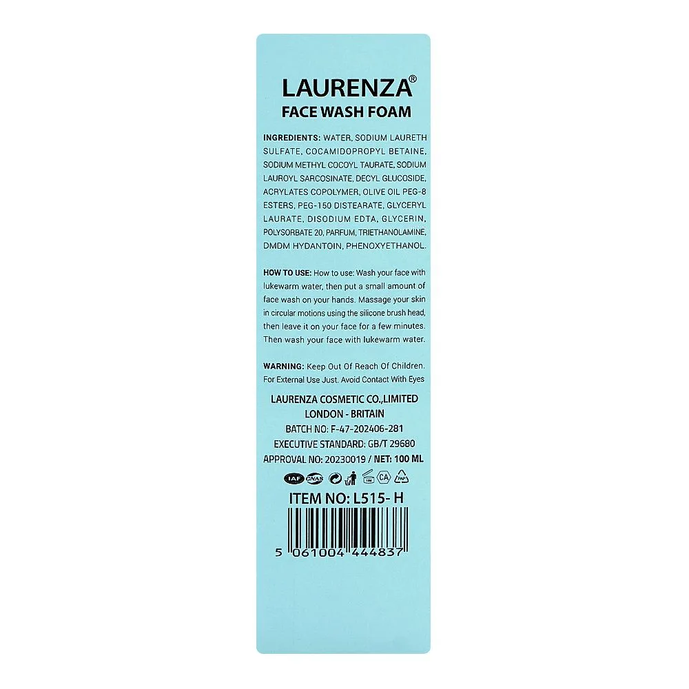 Side view of laurenza hyaluronic foam face wash, olive oil, glycerin, for radiant skin, 100ml