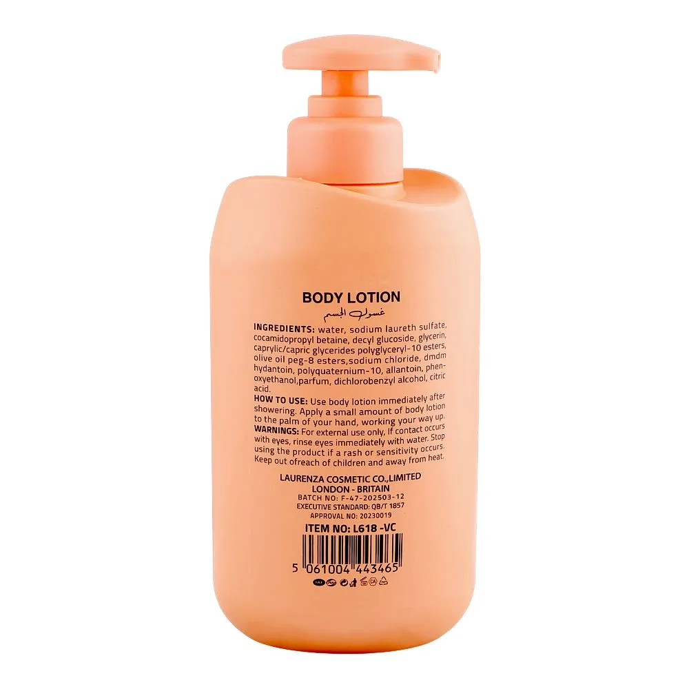 Side view of laurenza vitamin c body lotion, glycerin, citric acid, for skin brightness, 500ml