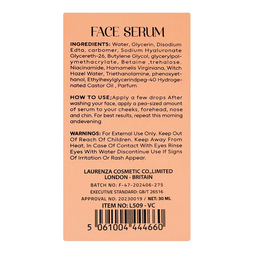 Side view of laurenza vitamin c face serum, niacinamide, hydrogen castor oil, for wrinkle-free skin, 30ml